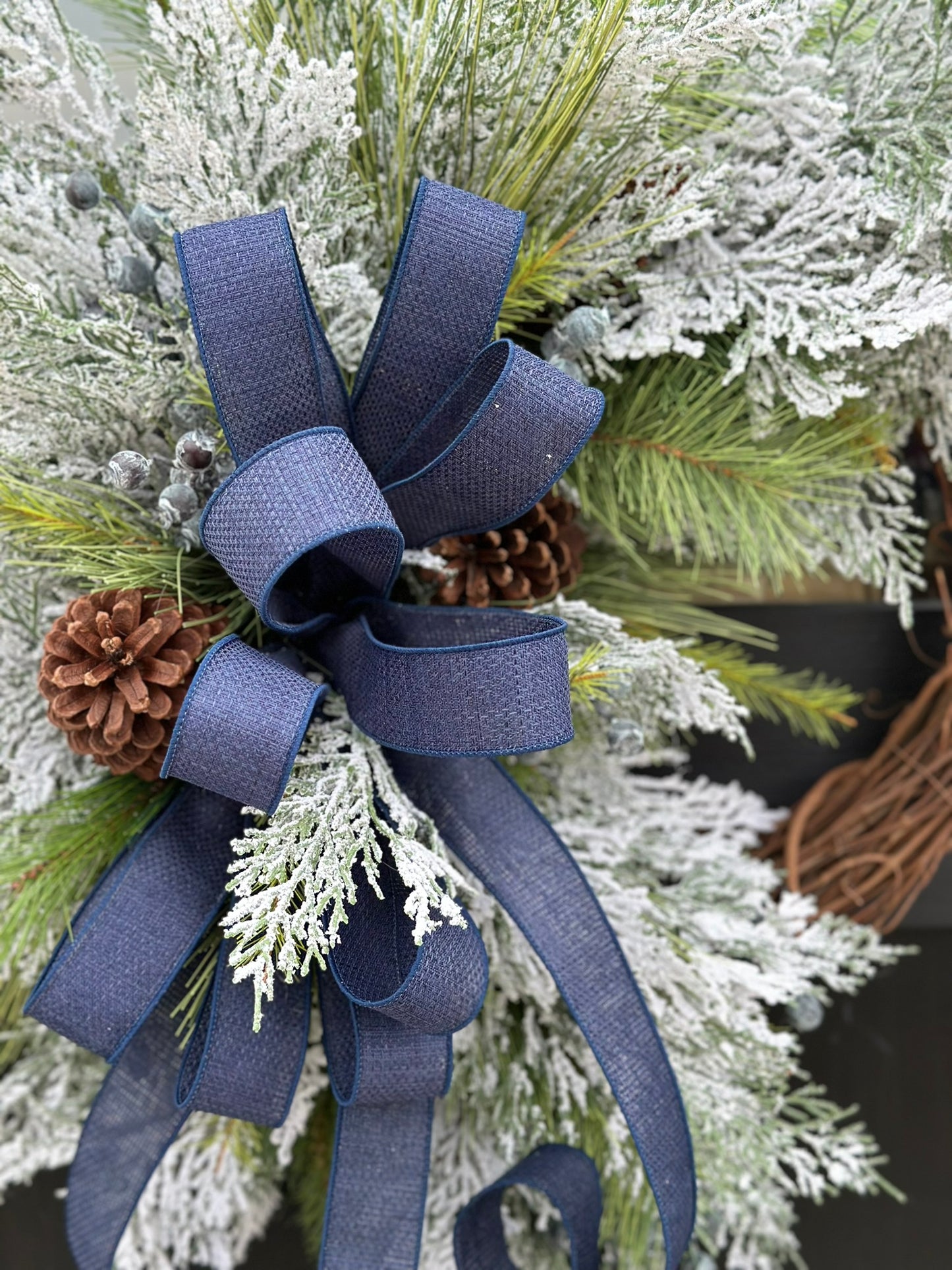 Snowy Navy Winter Crabapple Wreath - Handmade Flocked Cedar & Pine Door Decor for All Winter with Frosted Greenery and Navy Bow