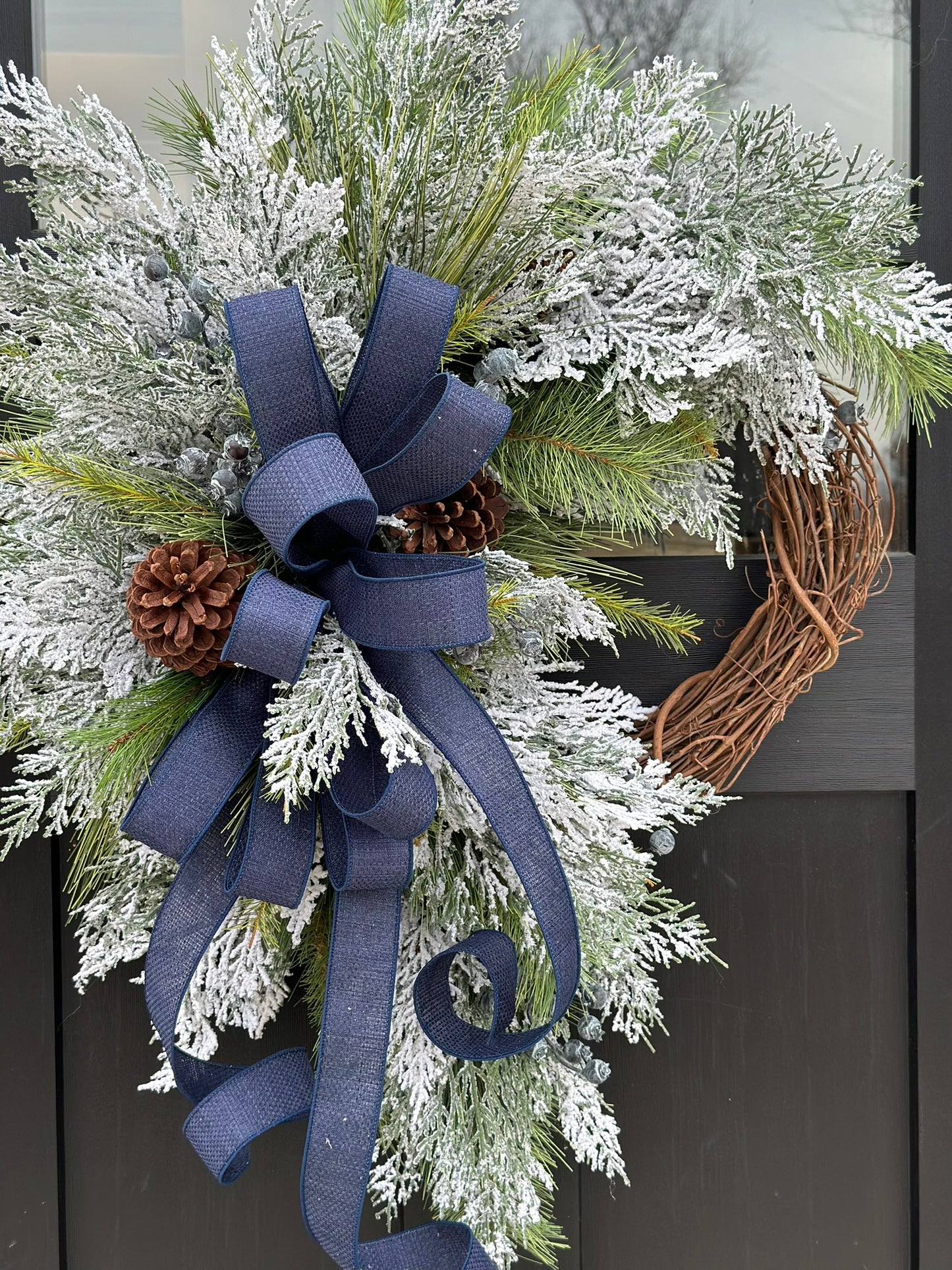 Snowy Navy Winter Crabapple Wreath - Handmade Flocked Cedar & Pine Door Decor for All Winter with Frosted Greenery and Navy Bow
