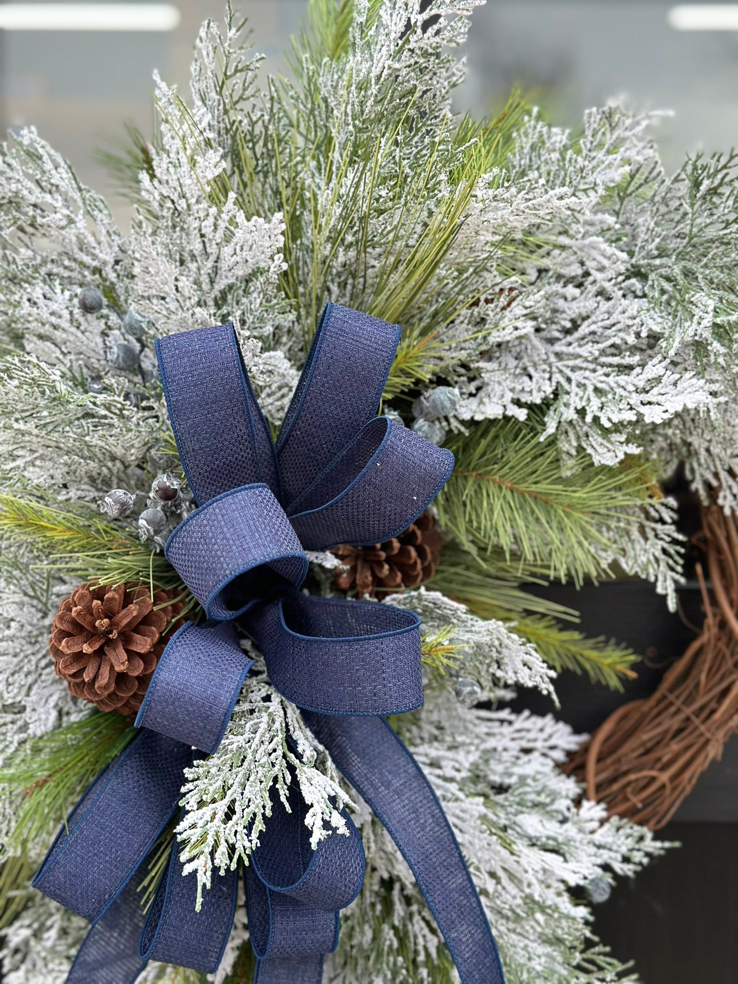 Snowy Navy Winter Crabapple Wreath - Handmade Flocked Cedar & Pine Door Decor for All Winter with Frosted Greenery and Navy Bow