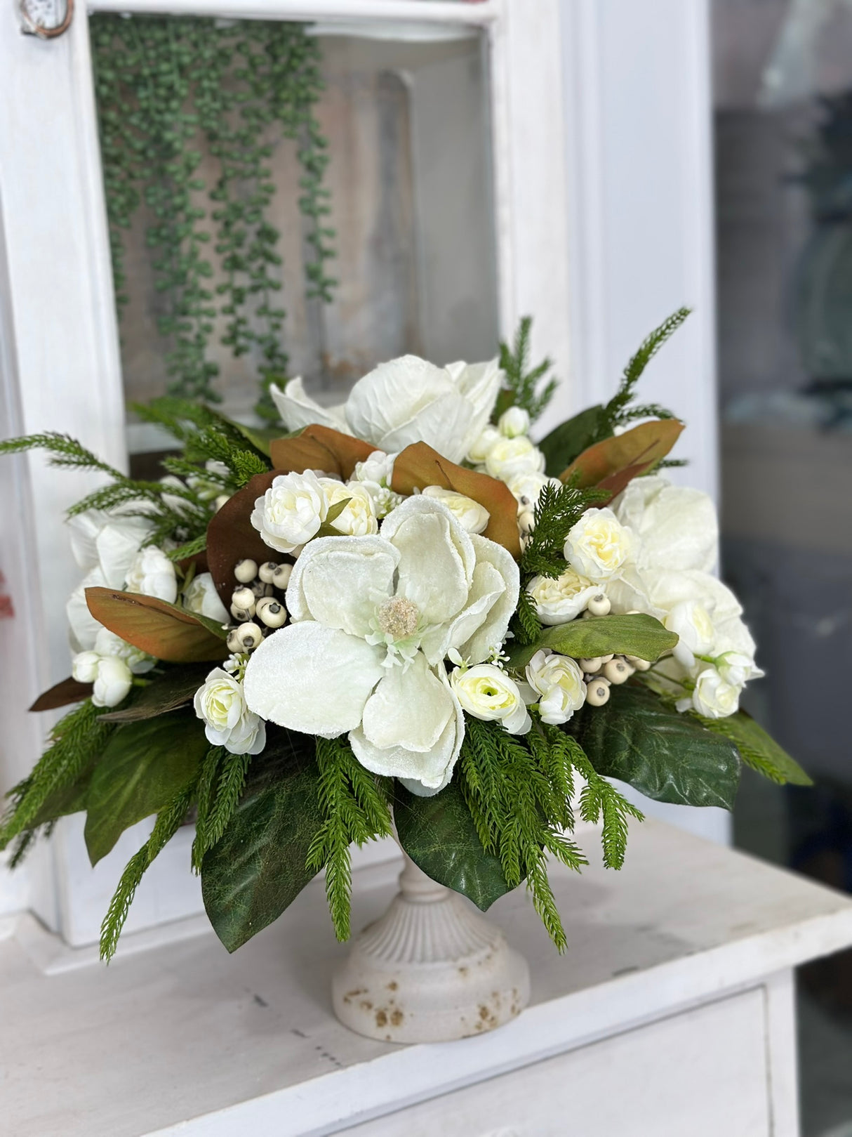 Frosted Magnolia & Peony Arrangement - 18"x20" Winter Wedding or Elegant Home Decor