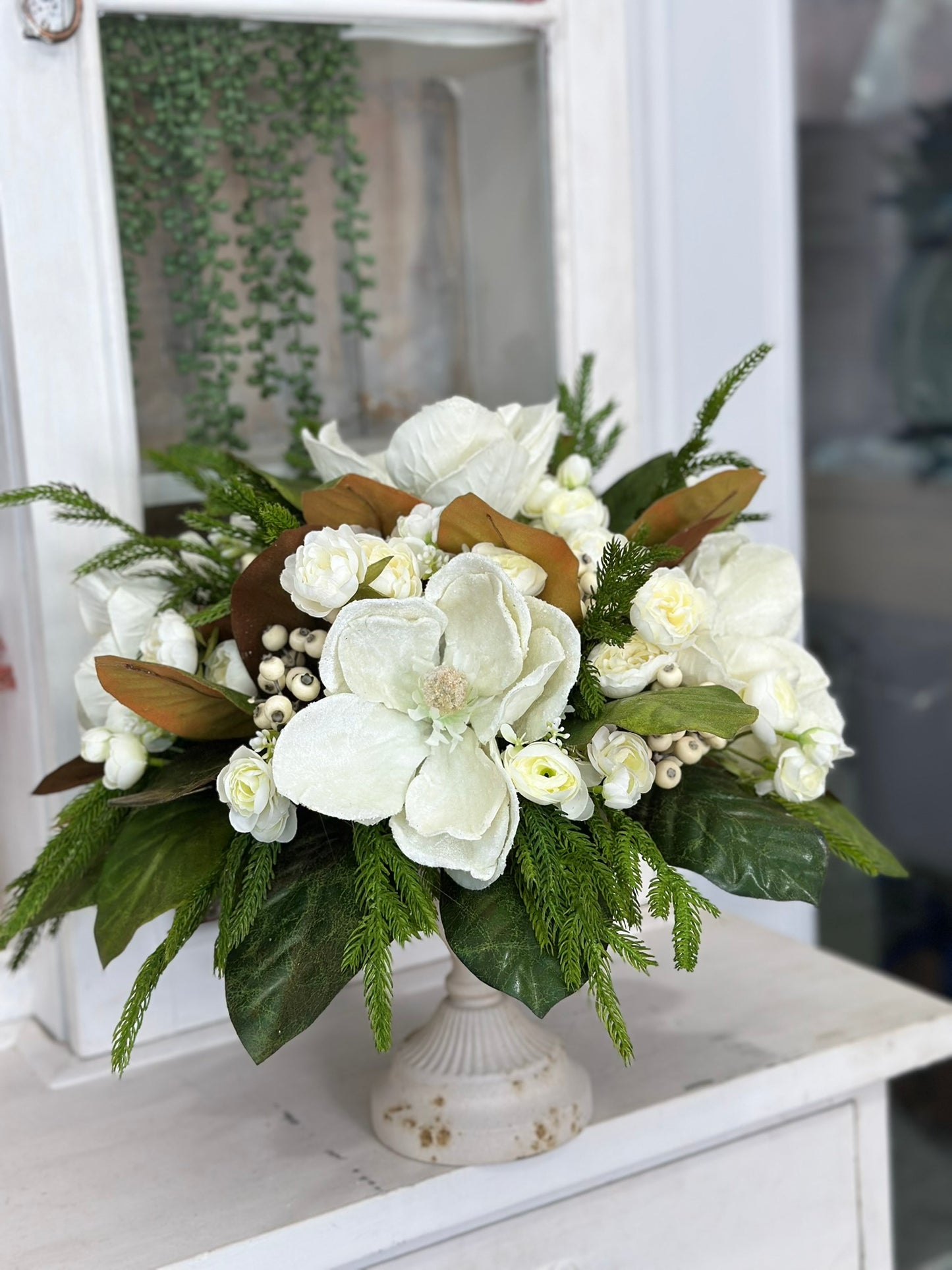 Frosted Magnolia & Peony Arrangement - 18"x20" Winter Wedding or Elegant Home Decor