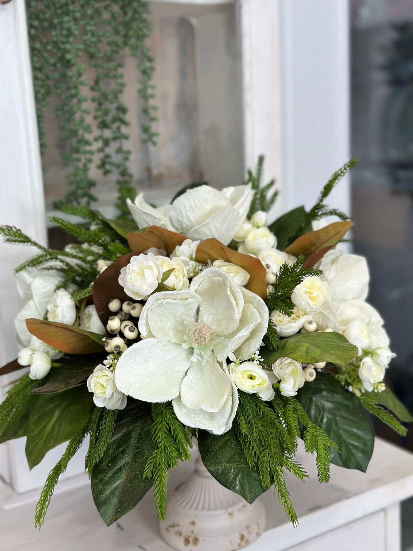 Frosted Magnolia & Peony Arrangement - 18"x20" Winter Wedding or Elegant Home Decor
