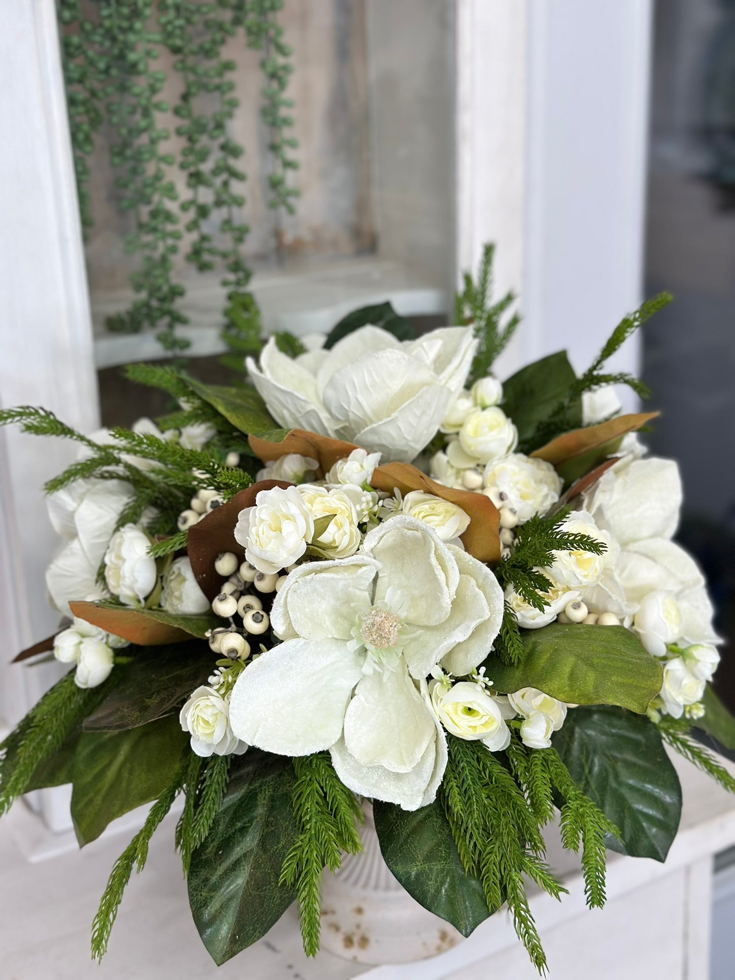 Frosted Magnolia & Peony Arrangement - 18"x20" Winter Wedding or Elegant Home Decor