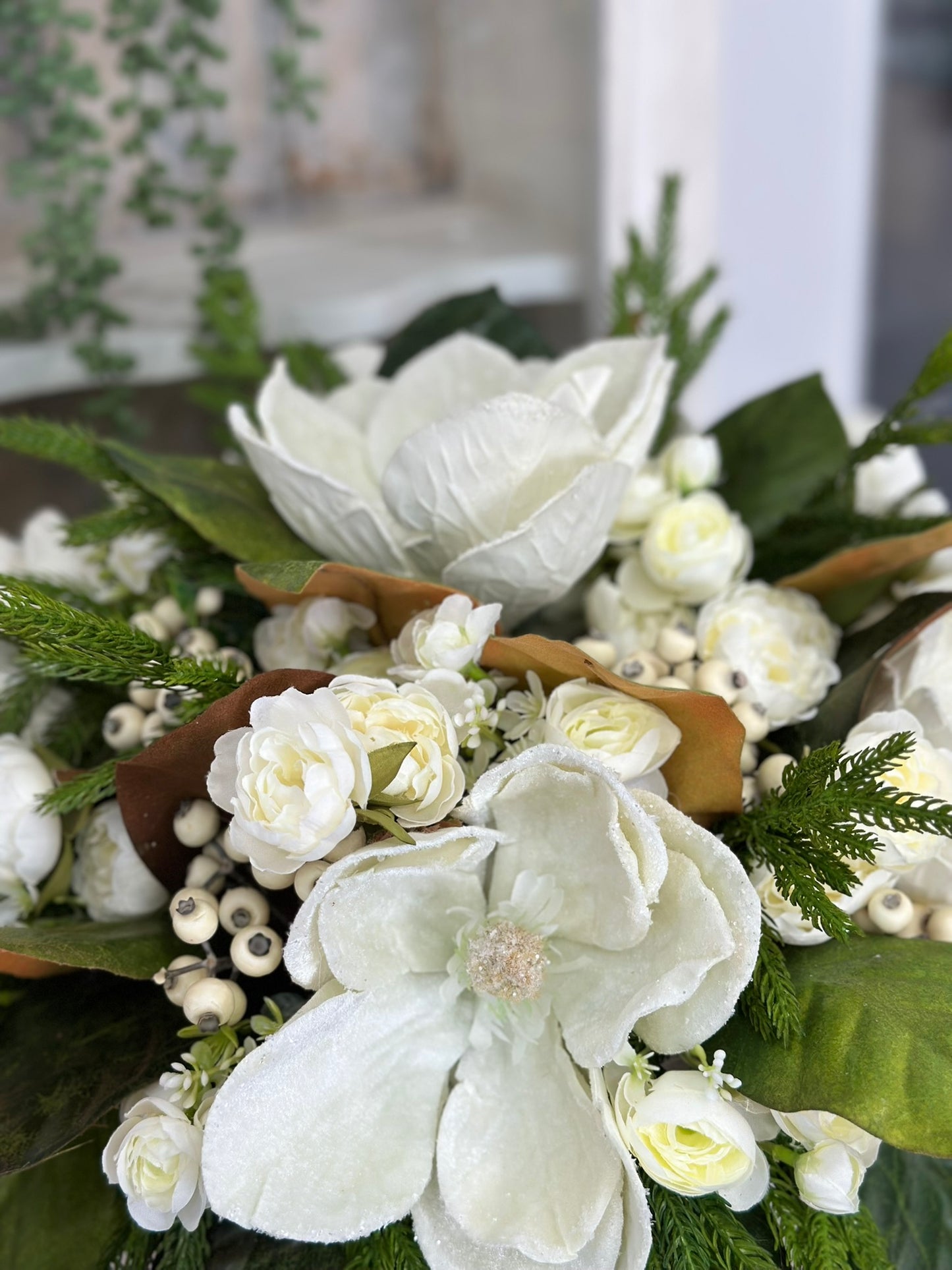 Frosted Magnolia & Peony Arrangement - 18"x20" Winter Wedding or Elegant Home Decor