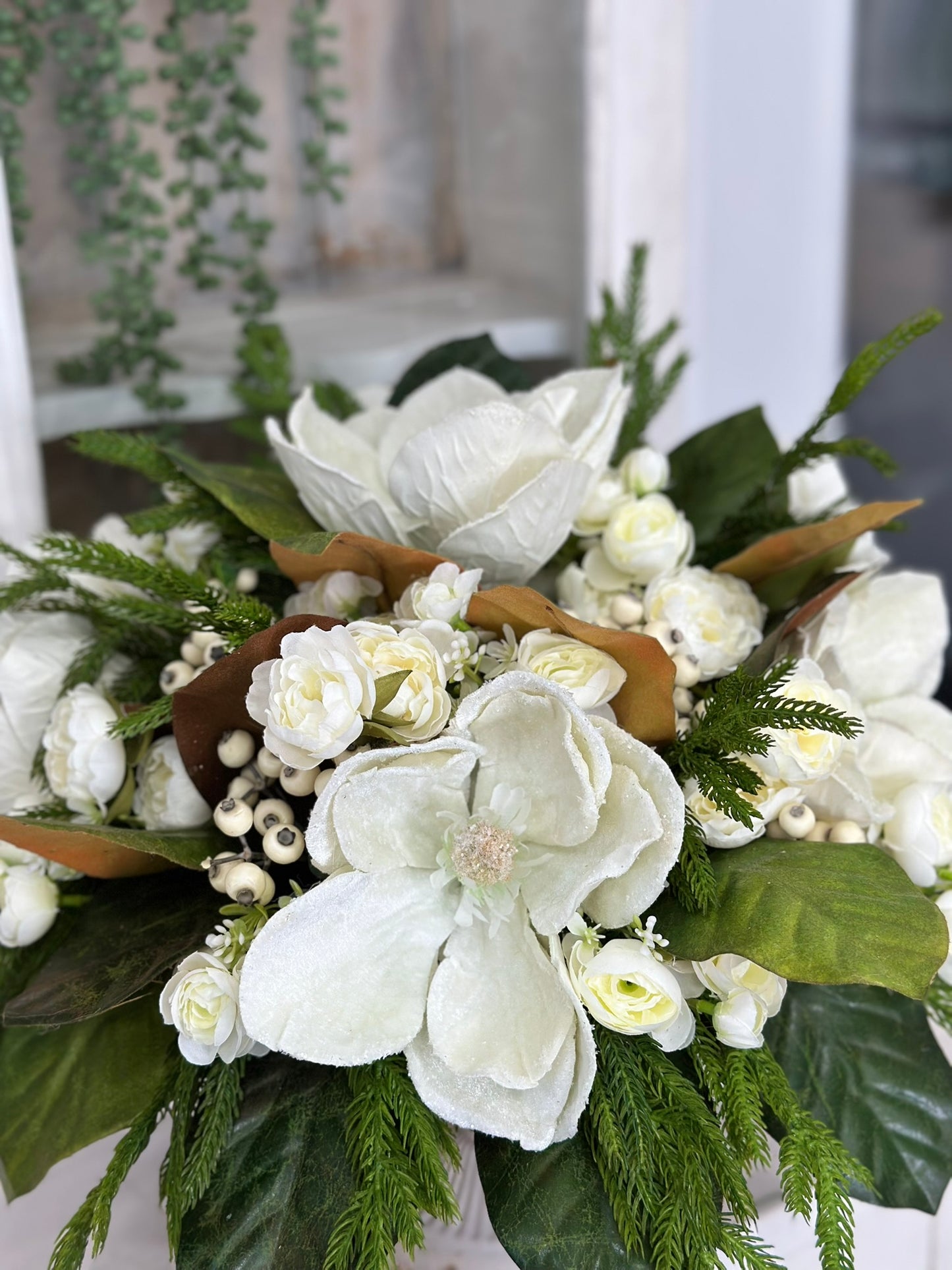 Frosted Magnolia & Peony Arrangement - 18"x20" Winter Wedding or Elegant Home Decor