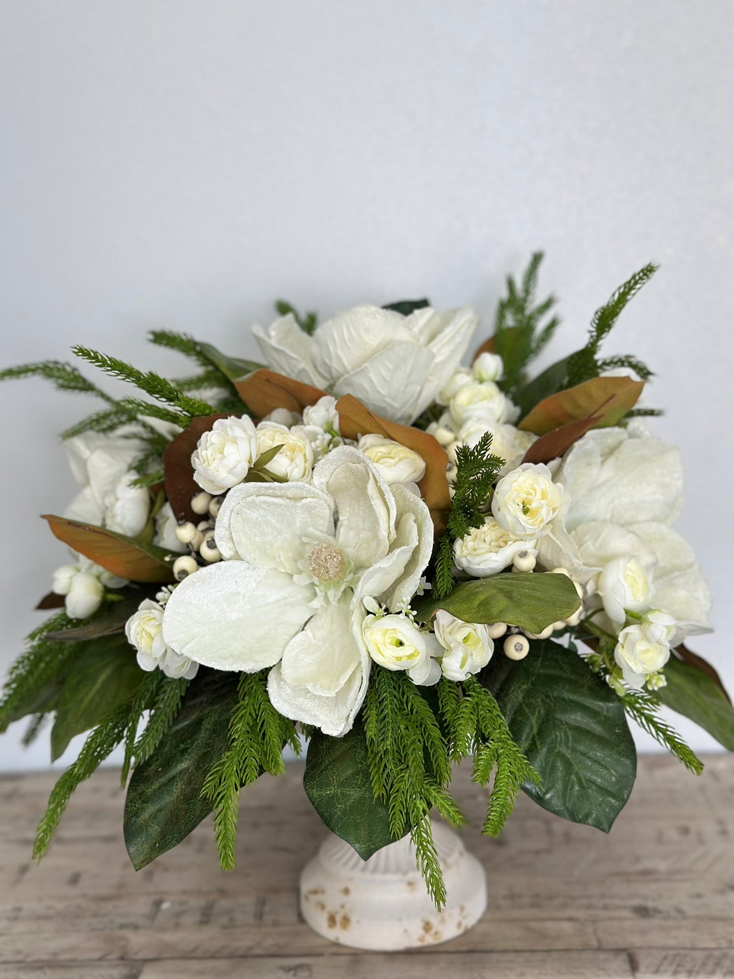 Frosted Magnolia & Peony Arrangement - 18"x20" Winter Wedding or Elegant Home Decor