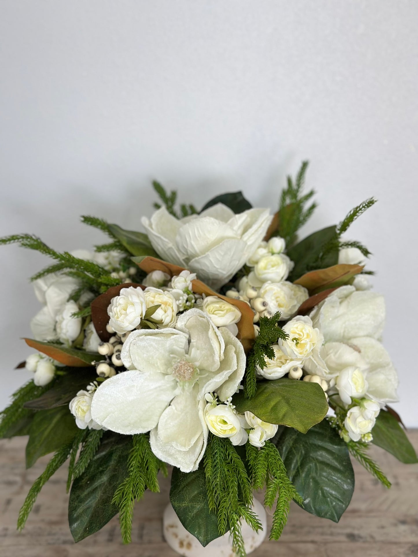 Frosted Magnolia & Peony Arrangement - 18"x20" Winter Wedding or Elegant Home Decor