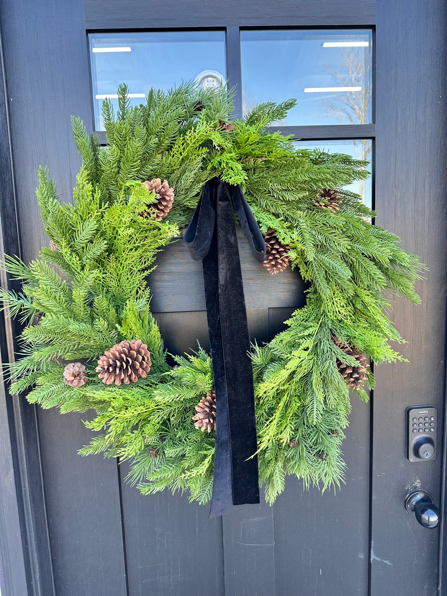 30" Mixed Evergreen Wreath with Pinecones & Velvet Ribbon - Rustic Holiday Decor