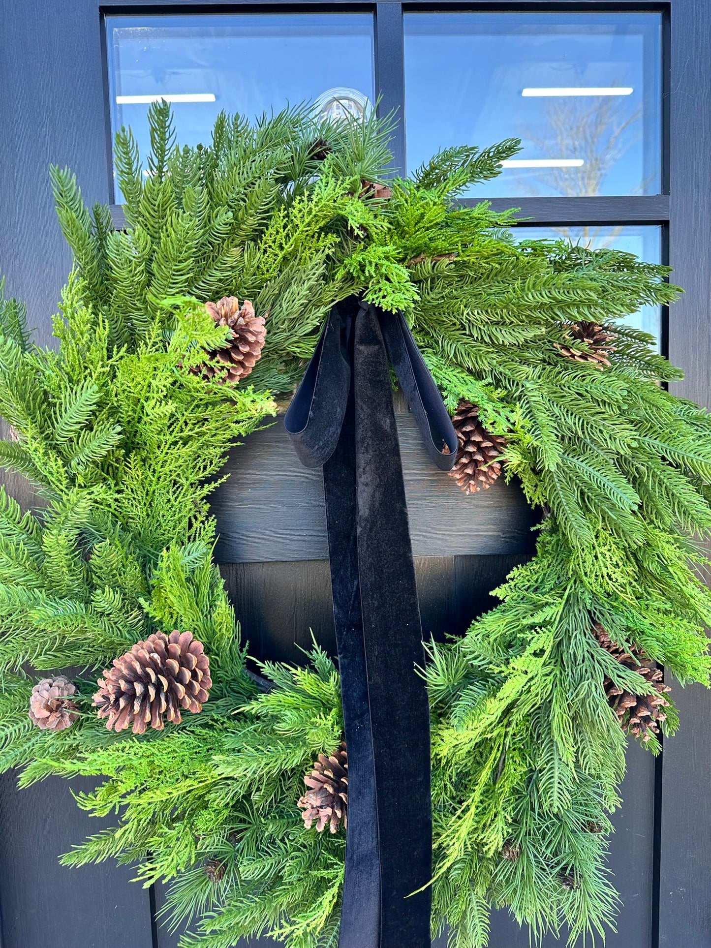 30" Mixed Evergreen Wreath with Pinecones & Velvet Ribbon - Rustic Holiday Decor