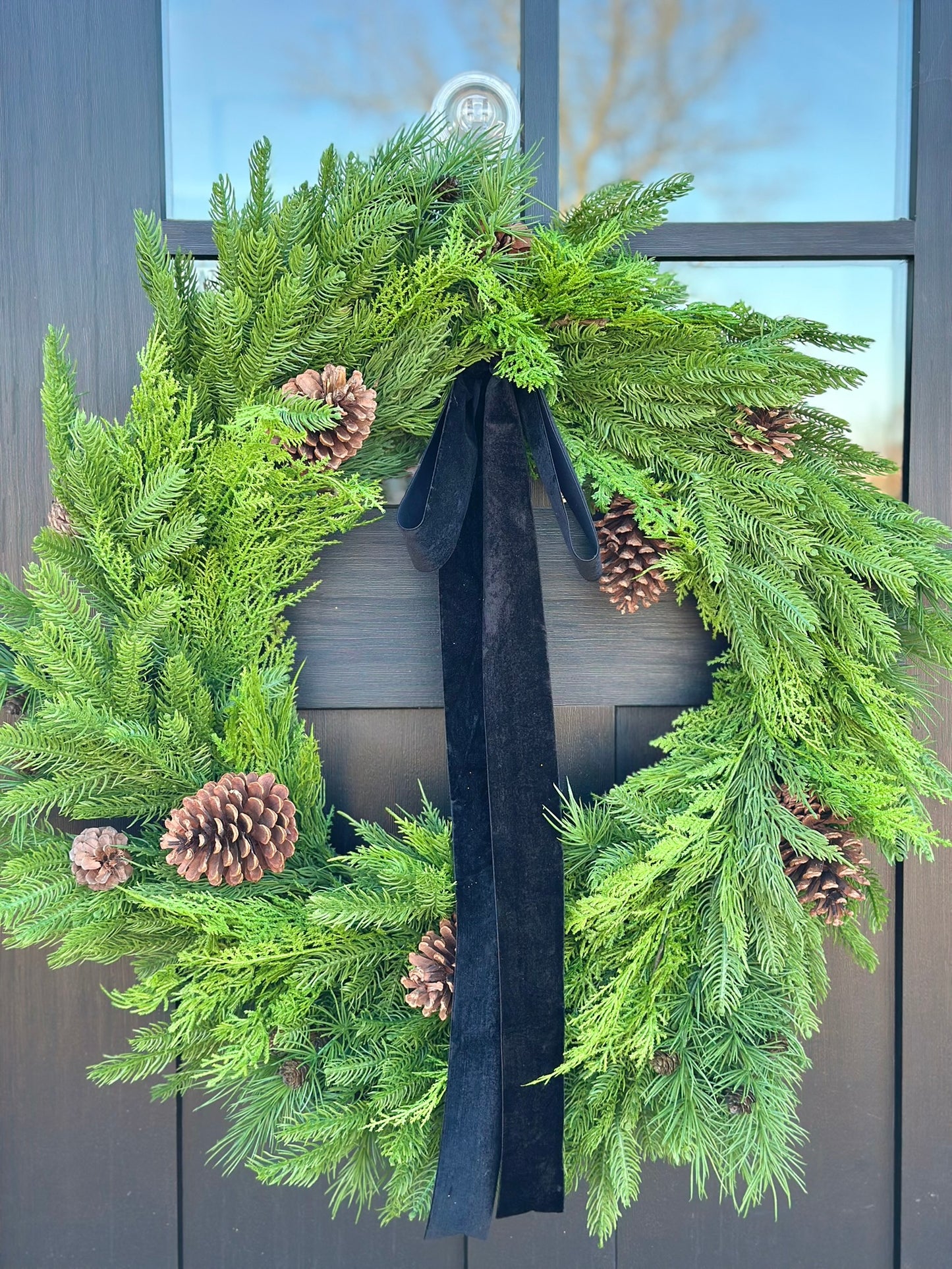 30" Mixed Evergreen Wreath with Pinecones & Velvet Ribbon - Rustic Holiday Decor