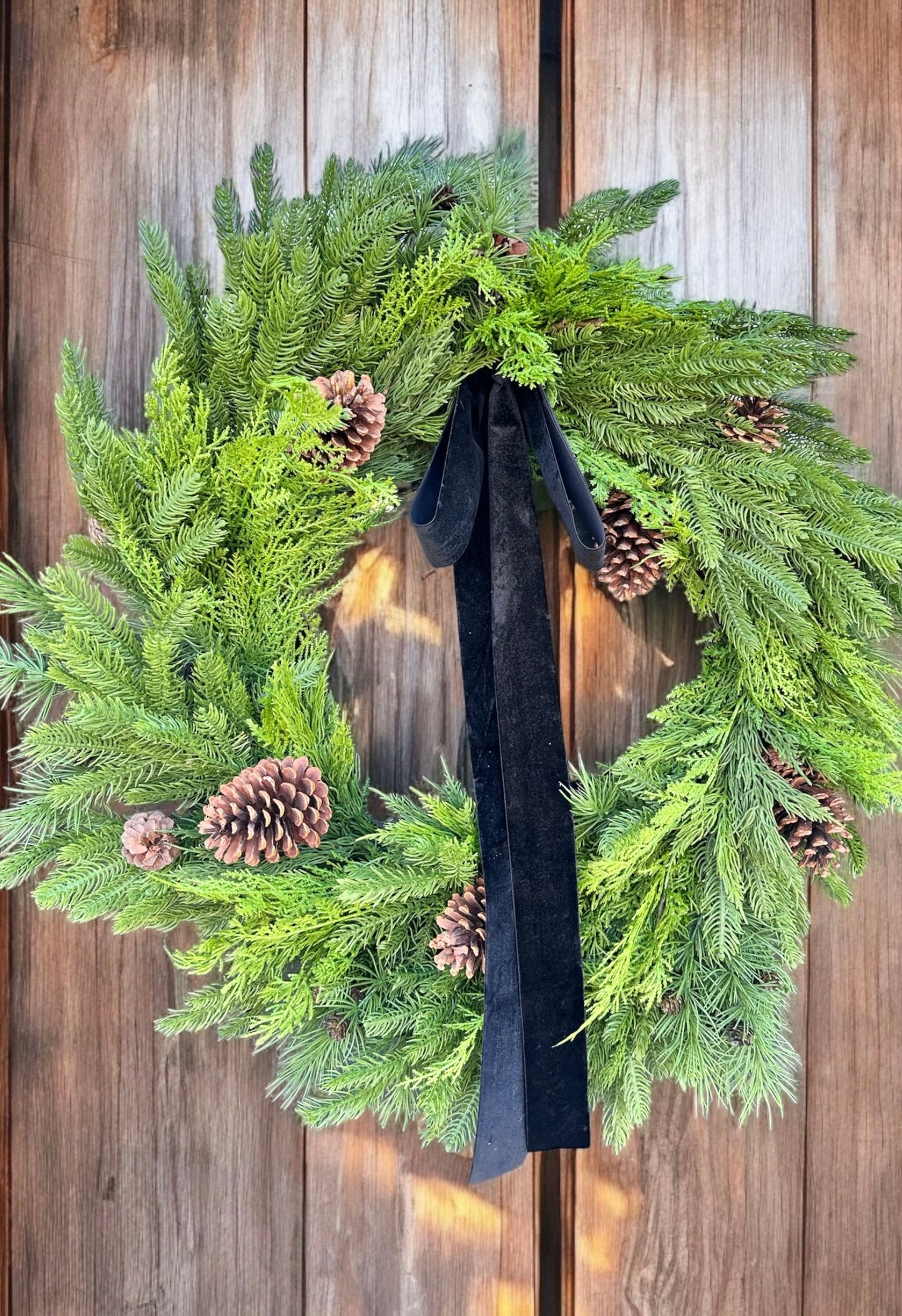 30" Mixed Evergreen Wreath with Pinecones & Velvet Ribbon - Rustic Holiday Decor