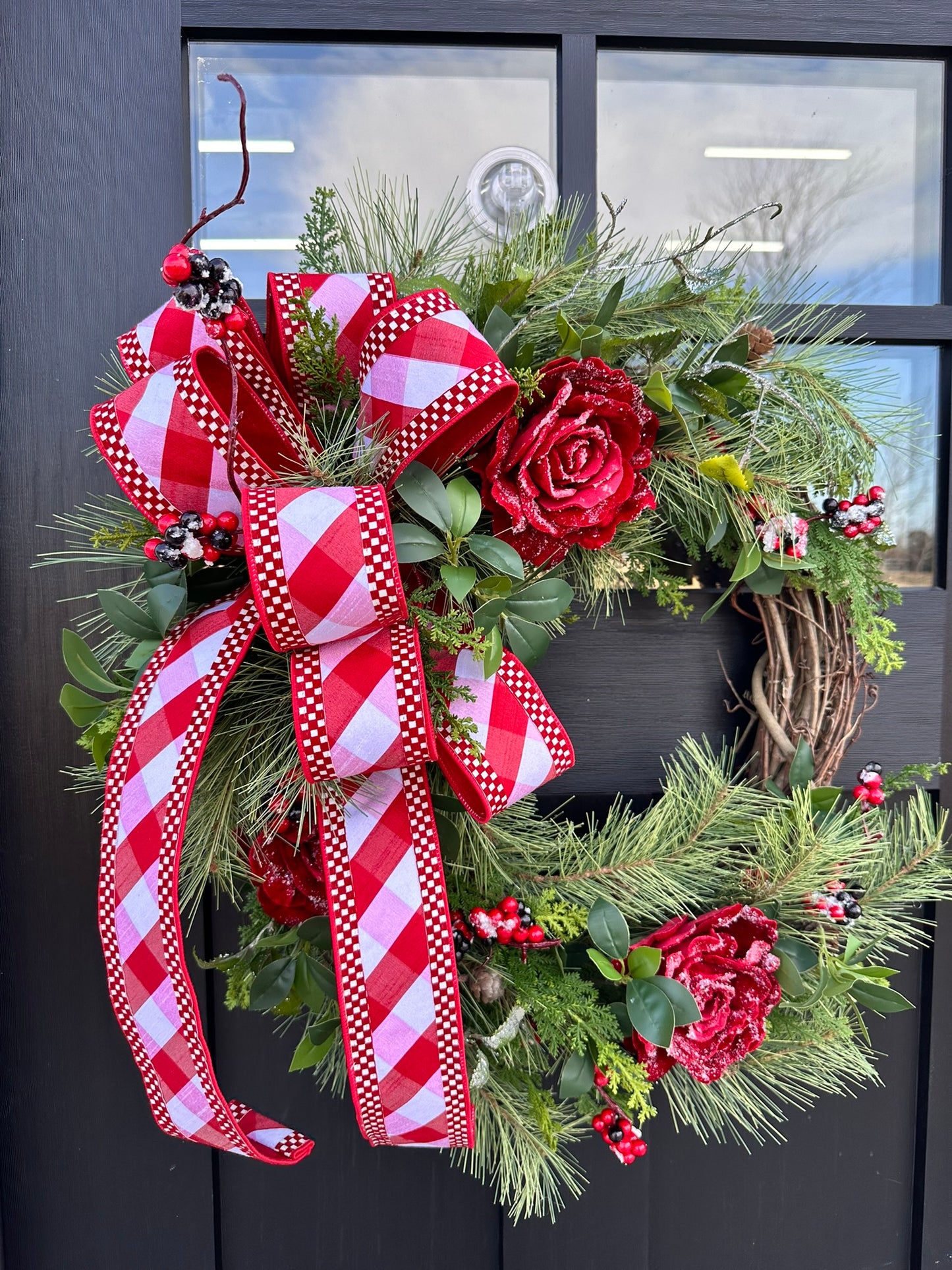 Red Rose Valentine’s Winter Grapevine Wreath - 26"x21" Front Door Decor