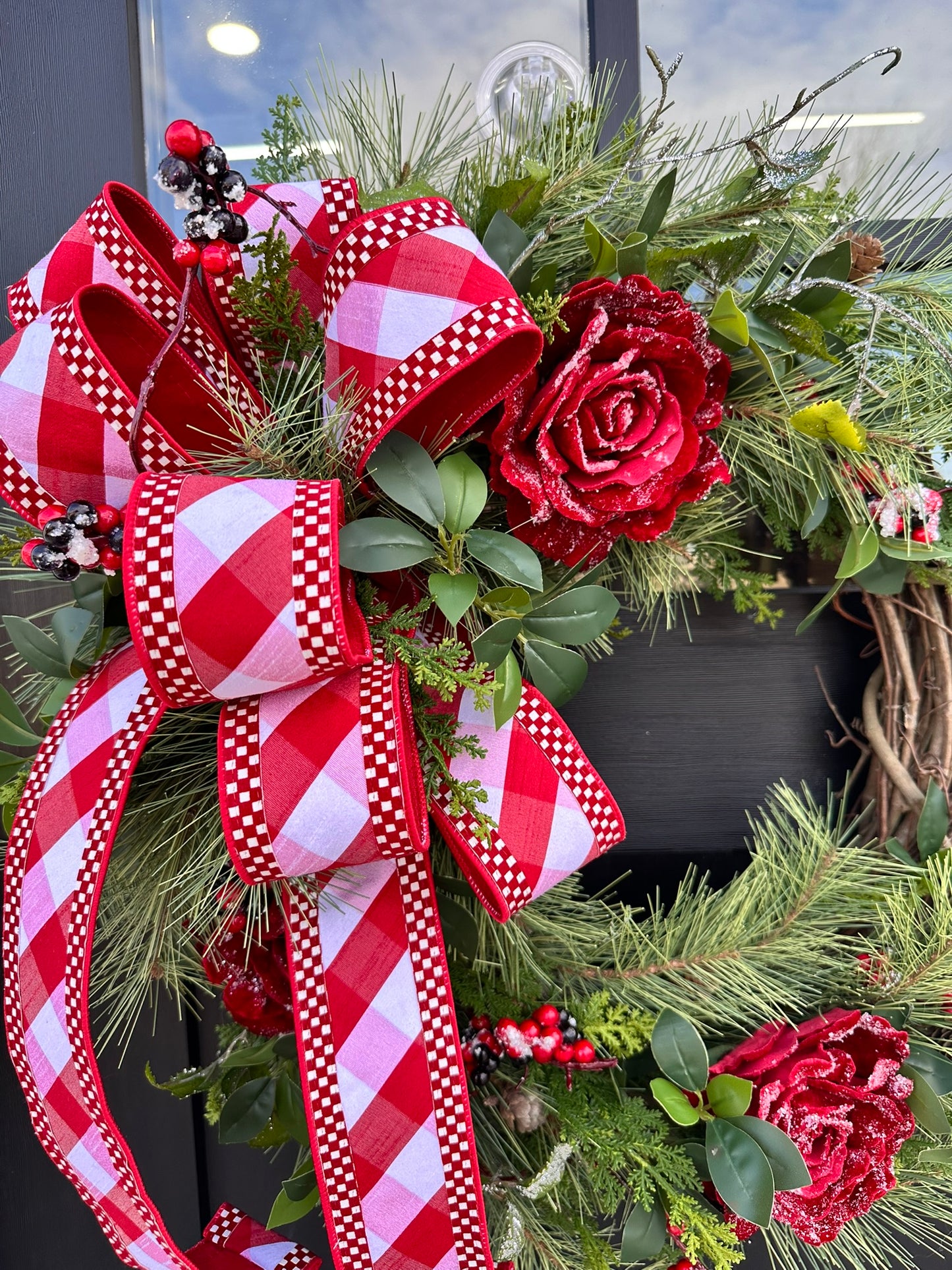 Red Rose Valentine’s Winter Grapevine Wreath - 26"x21" Front Door Decor