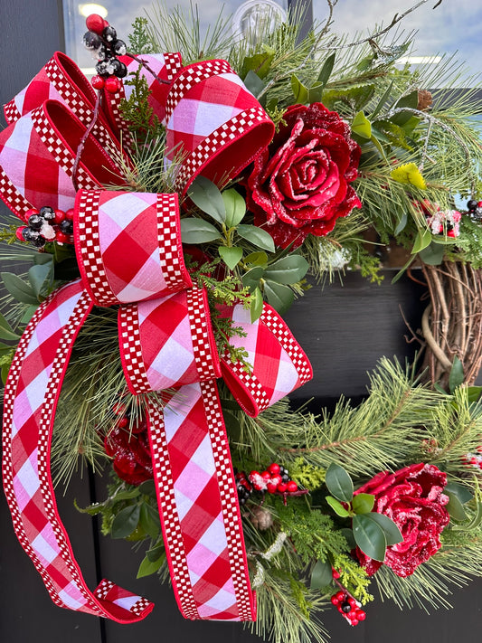 Red Rose Valentine’s Winter Grapevine Wreath - 26"x21" Front Door Decor