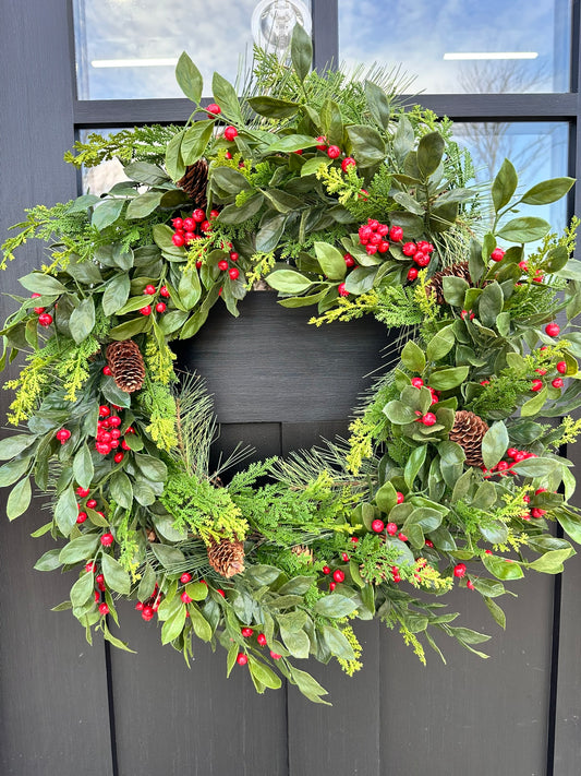 Winter Berry & Pine Cone Grapevine Wreath - 24"x24" Front Door Decor