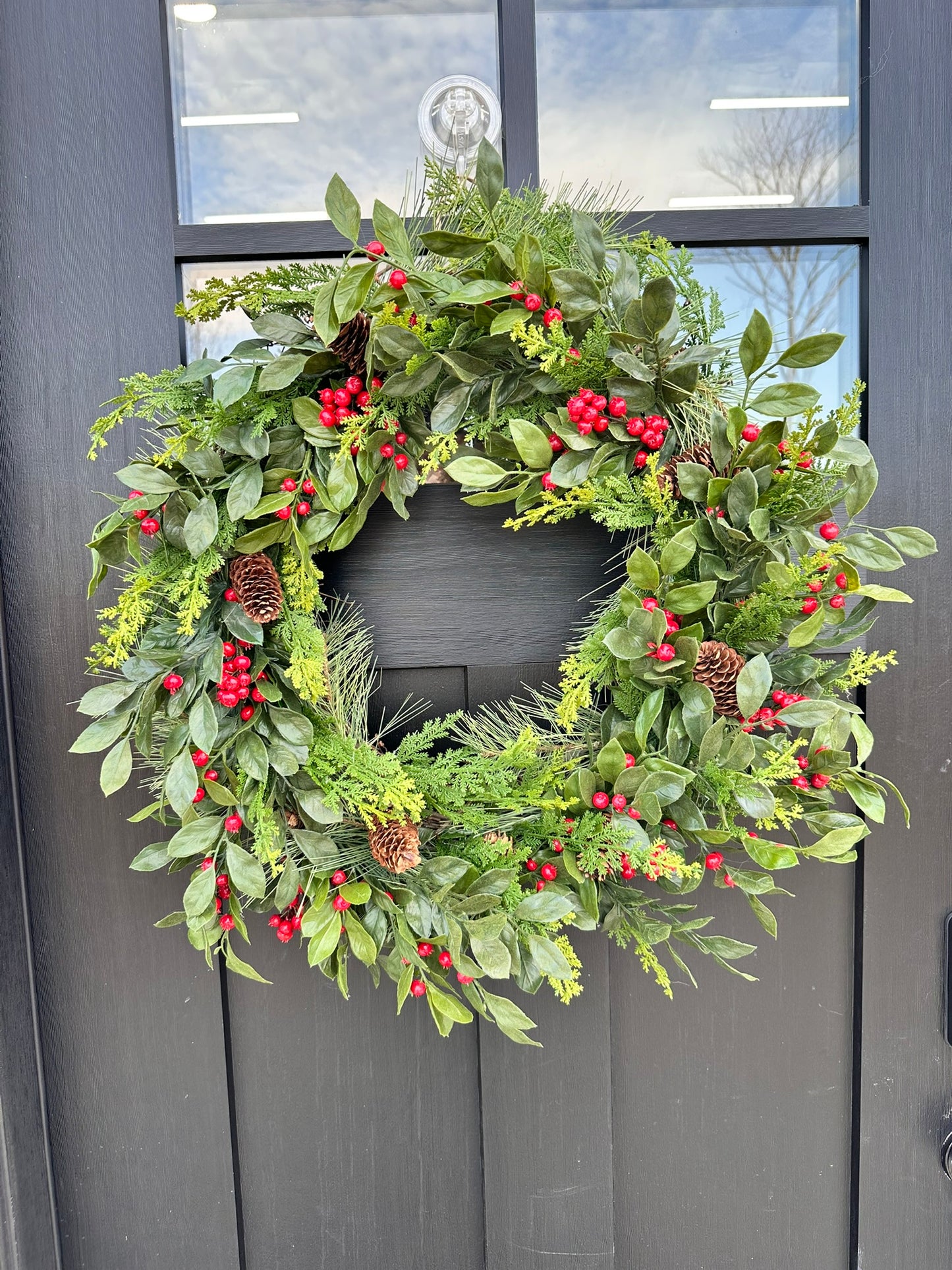 Winter Berry & Pine Cone Grapevine Wreath - 24"x24" Front Door Decor
