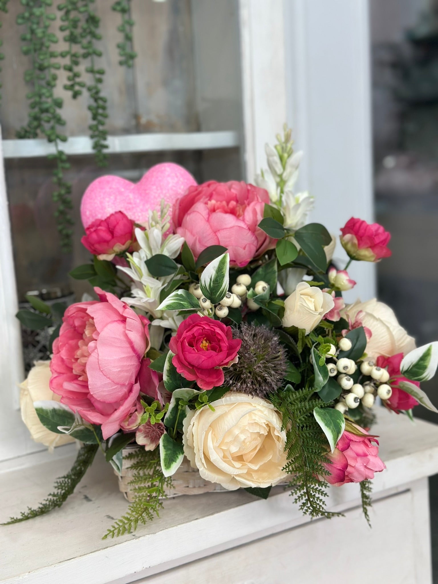 Artificial Cream Rose & Peony Valentine's Day Floral Arrangement - Small Table Centerpiece for Home- Unique Gift Idea for Loved One TCT Crafts
