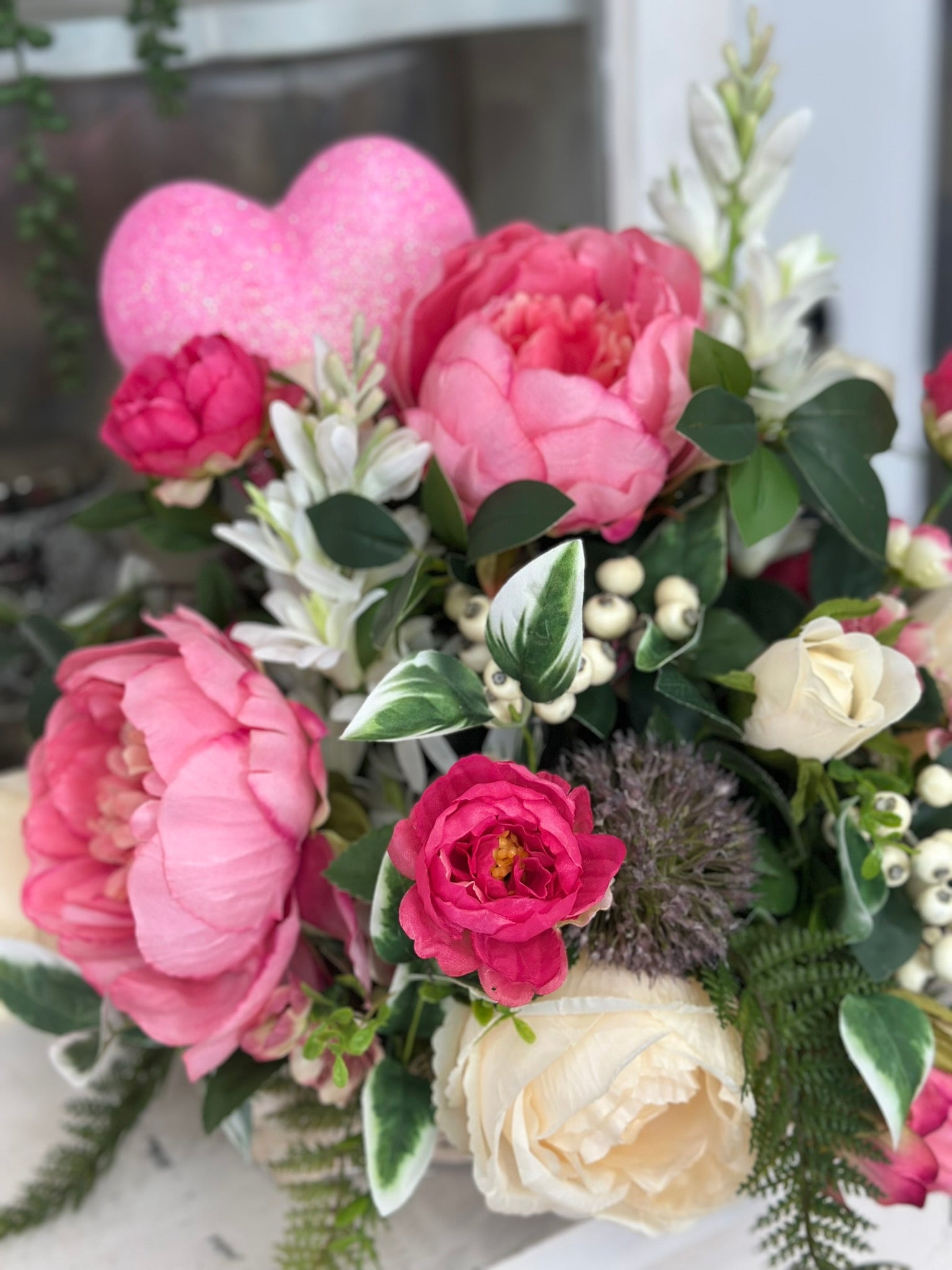 Artificial Cream Rose & Peony Valentine's Day Floral Arrangement - Small Table Centerpiece for Home- Unique Gift Idea for Loved One TCT Crafts