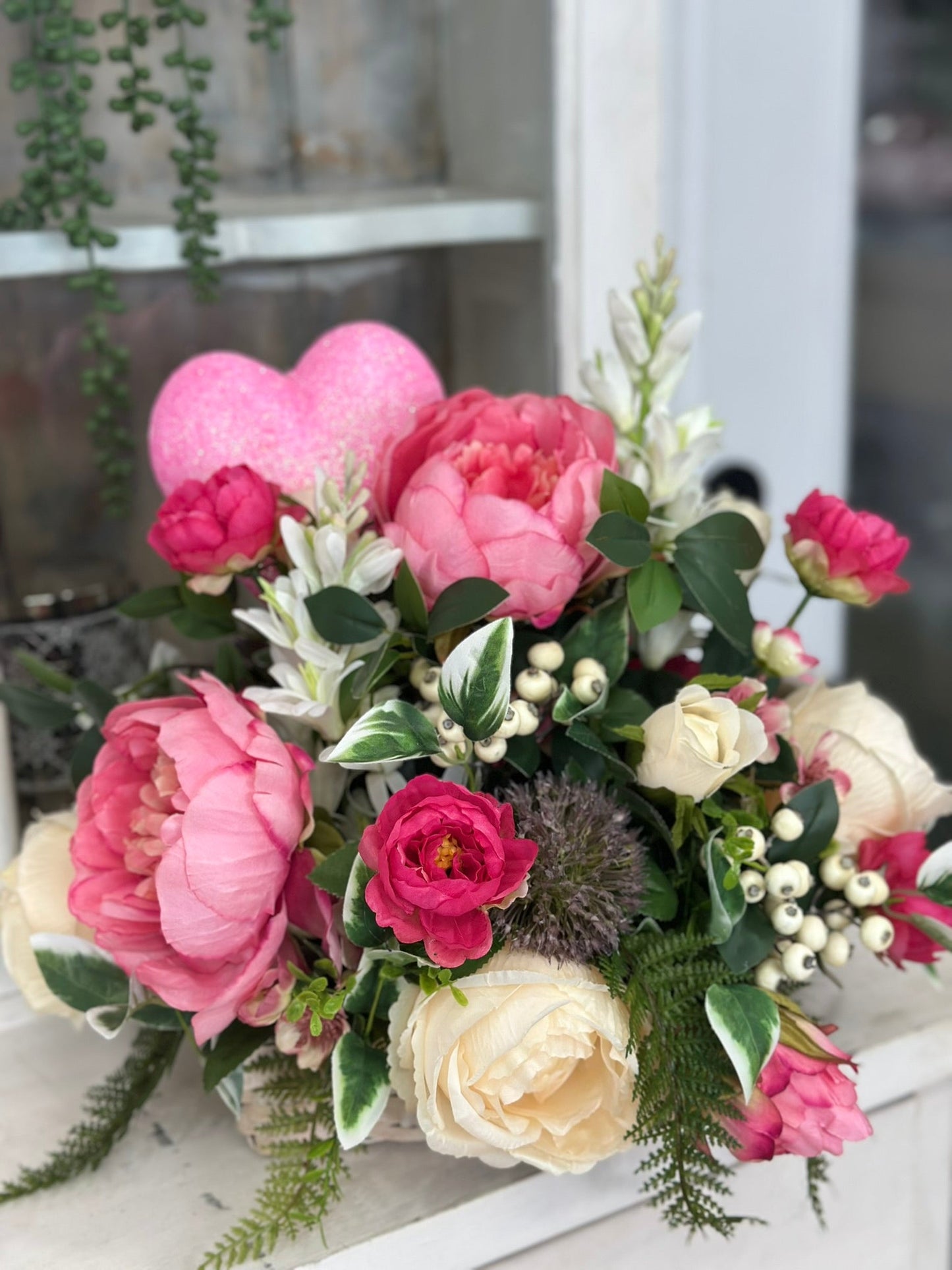 Artificial Cream Rose & Peony Valentine's Day Floral Arrangement - Small Table Centerpiece for Home- Unique Gift Idea for Loved One TCT Crafts