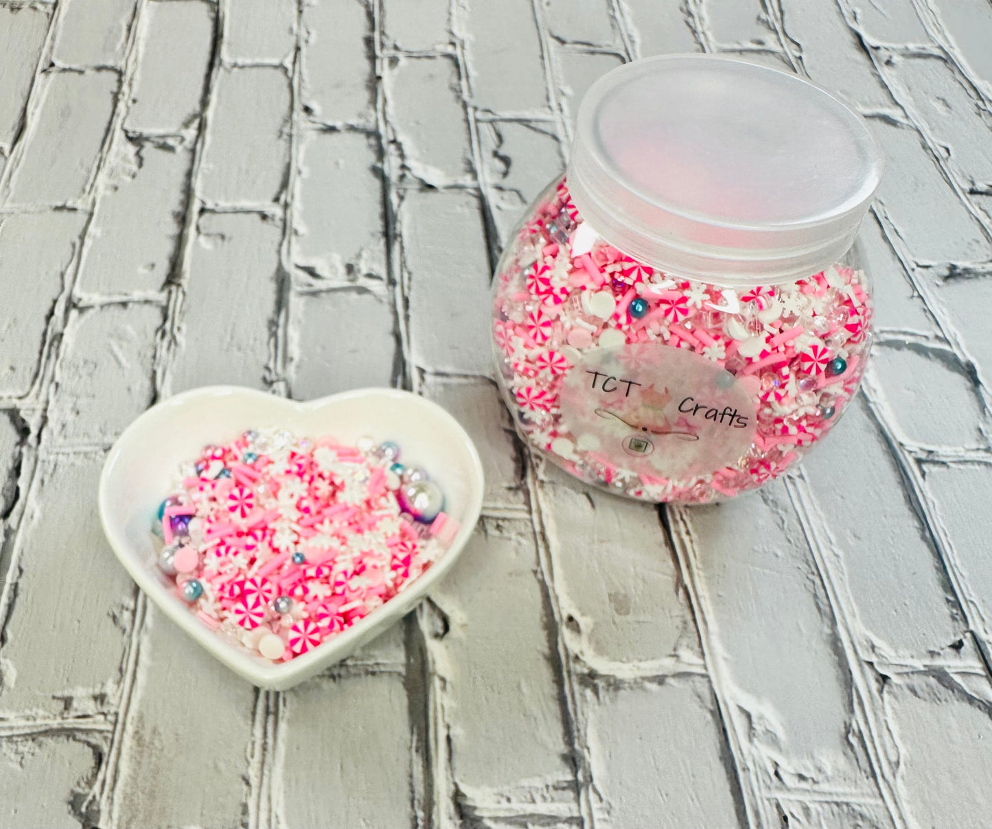 150g Pink Candyland Christmas Polymer Clay Sprinkle Mix - Pink Peppermints & White Snowflakes - Perfect for Fake Bakes, Clay Art, Slime - Festive, Joyful, and Enchanting TCTCrafts