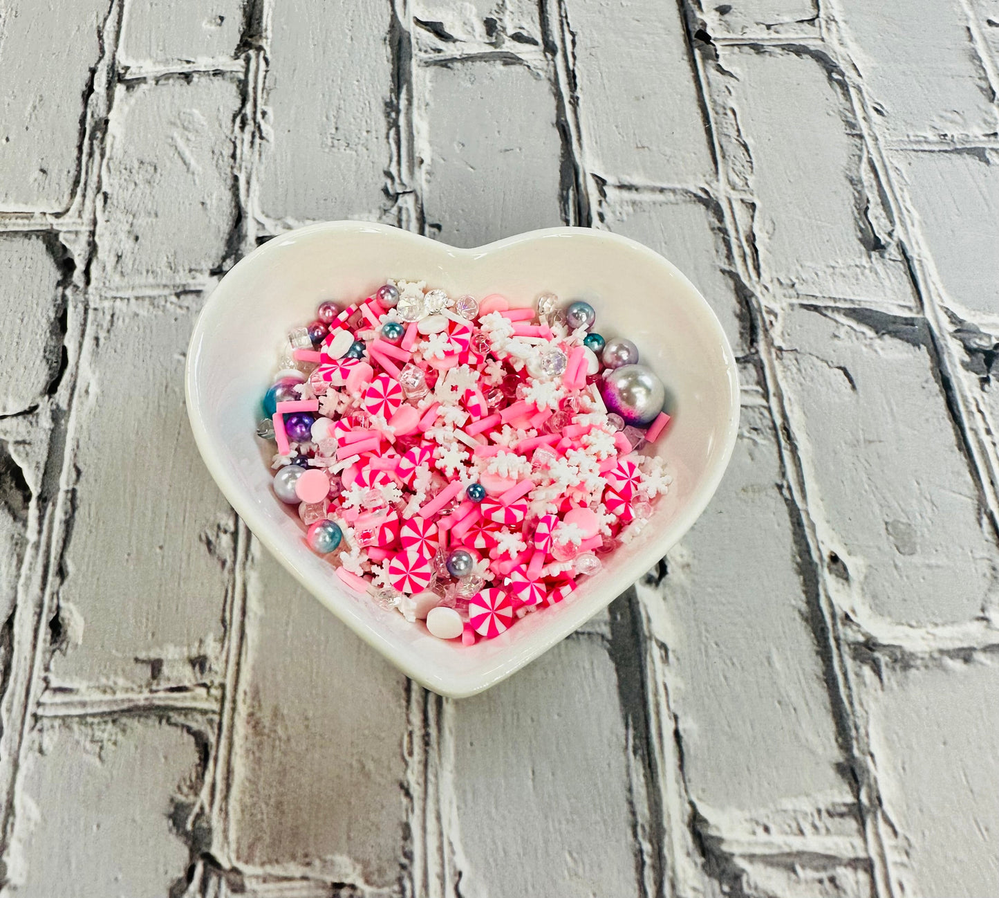 150g Pink Candyland Christmas Polymer Clay Sprinkle Mix - Pink Peppermints & White Snowflakes - Perfect for Fake Bakes, Clay Art, Slime - Festive, Joyful, and Enchanting TCTCrafts