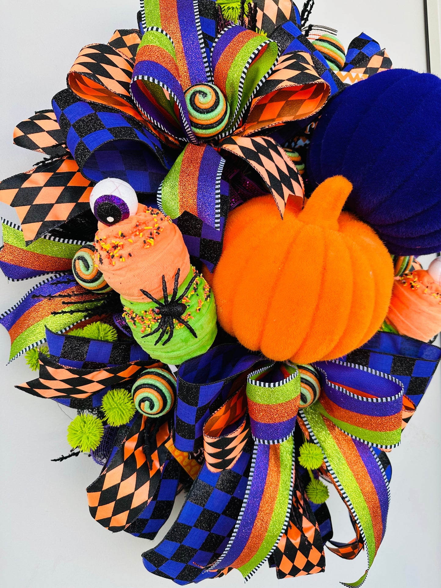 Traditional Halloween Pumpkin Wreath, Vibrant Orange/Purple/Green, Large Flocked Pumpkins & Fun Ice Cream Cones-TCT1640 TCT Crafts