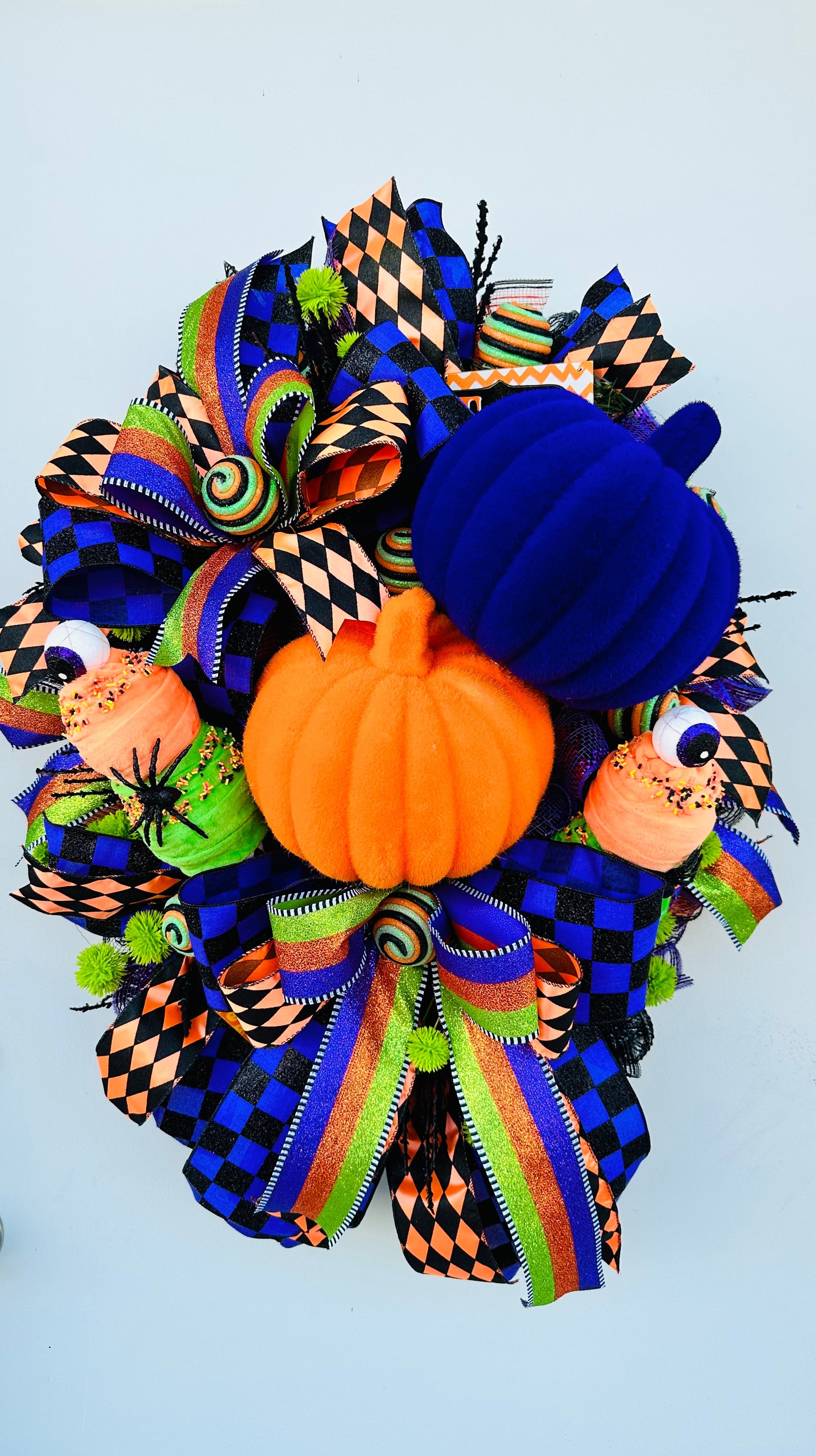Traditional Halloween Pumpkin Wreath, Vibrant Orange/Purple/Green, Large Flocked Pumpkins & Fun Ice Cream Cones-TCT1640 TCT Crafts