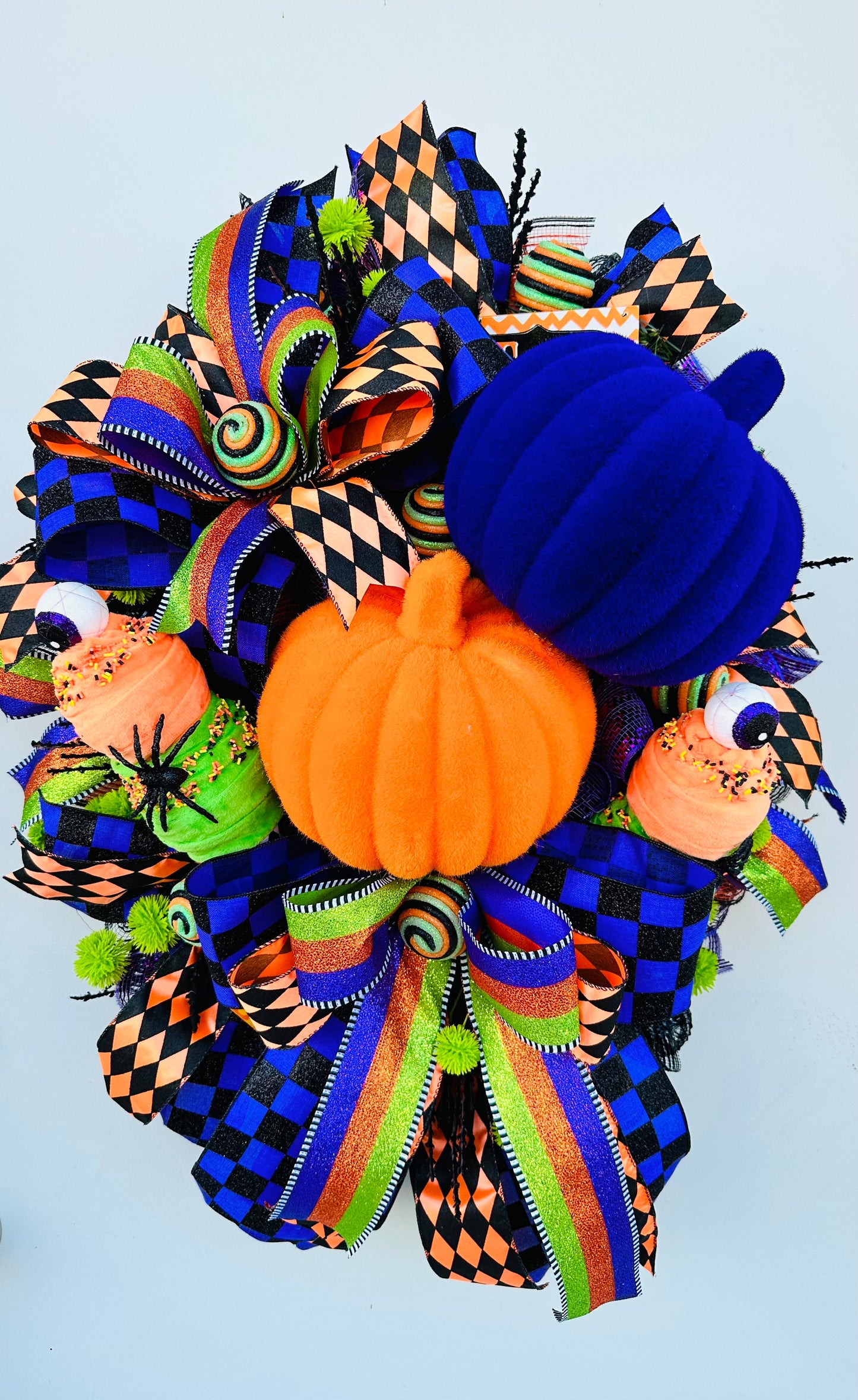 Traditional Halloween Pumpkin Wreath, Vibrant Orange/Purple/Green, Large Flocked Pumpkins & Fun Ice Cream Cones-TCT1640 TCT Crafts