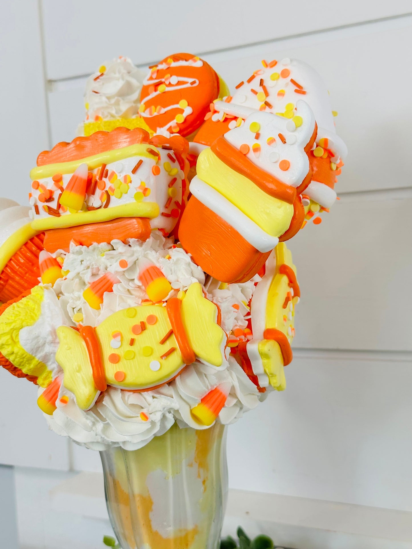 Halloween Candy Corn Themed Faux Milkshake - Handmade Decorative Piece - Ideal for Tiered Trays, Party Decorations, and Photography Props TCT Crafts