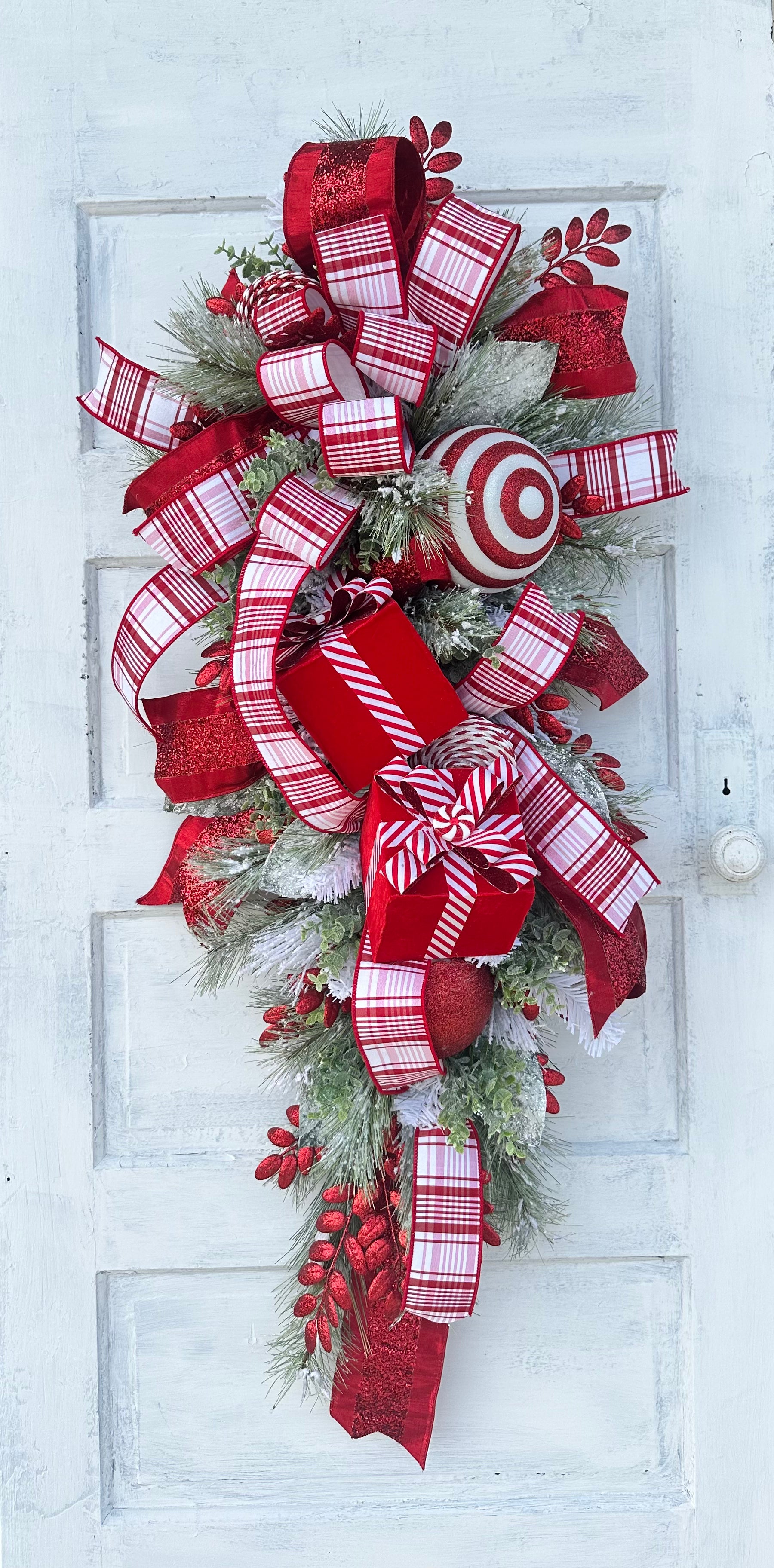 XL Artificial Pine Red & White Christmas Door Swag with Red Julian Plaid Ribbon - 50x20" Festive Door Decor - Designer Holiday Swag TCT Crafts
