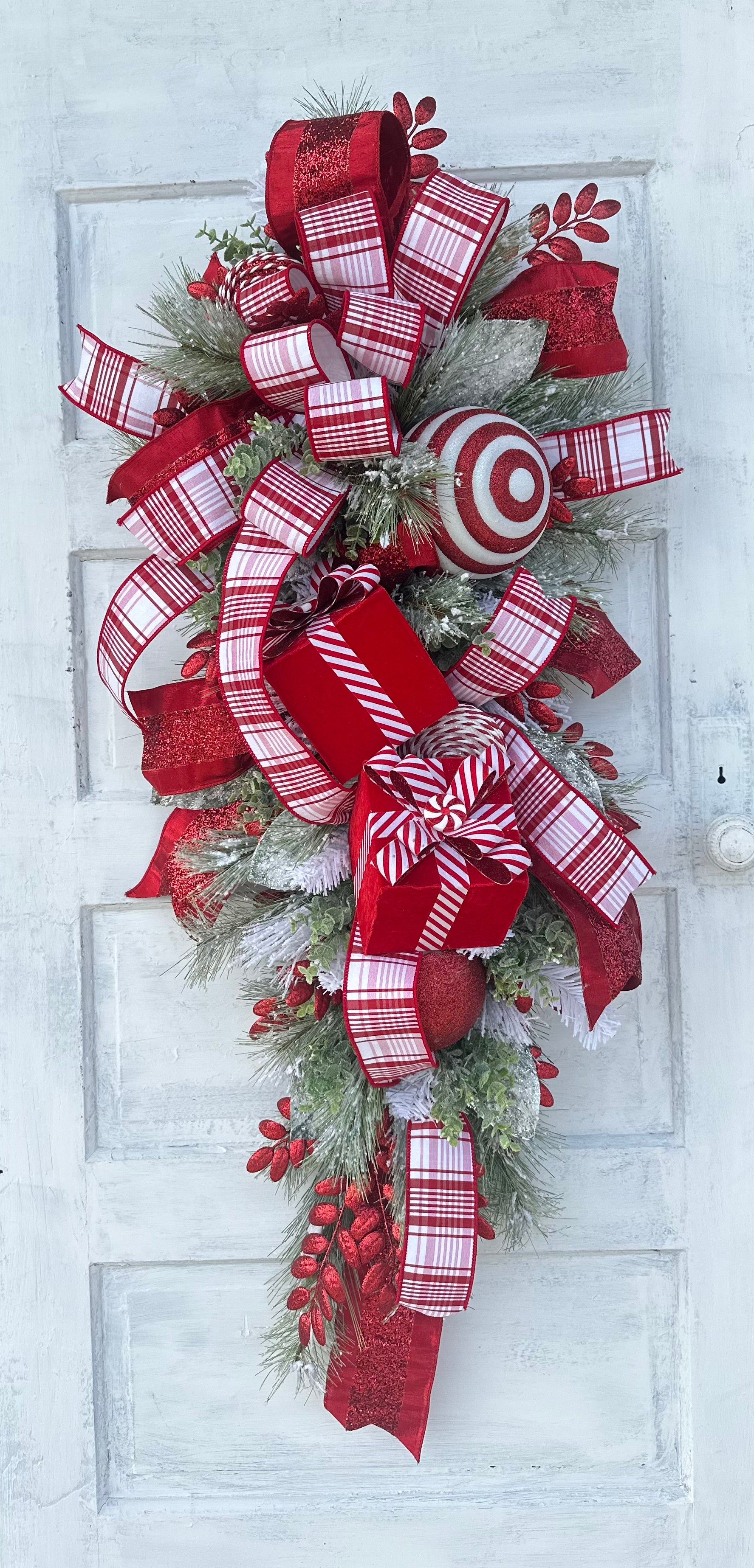 XL Artificial Pine Red & White Christmas Door Swag with Red Julian Plaid Ribbon - 50x20" Festive Door Decor - Designer Holiday Swag TCT Crafts