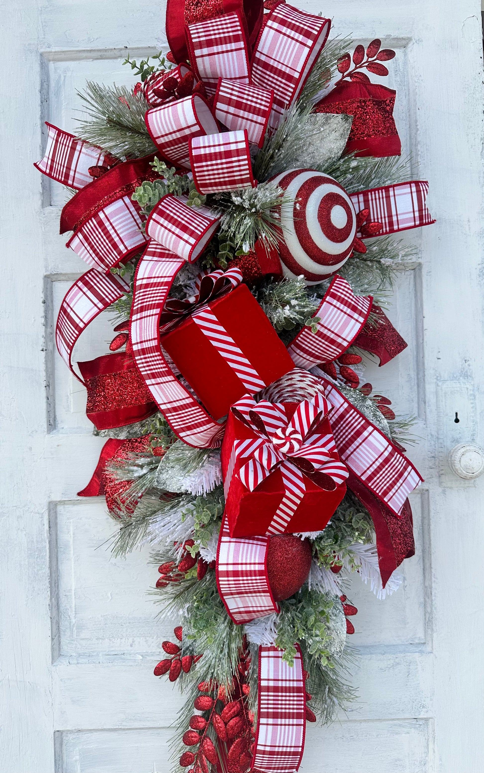 XL Artificial Pine Red & White Christmas Door Swag with Red Julian Plaid Ribbon - 50x20" Festive Door Decor - Designer Holiday Swag TCT Crafts