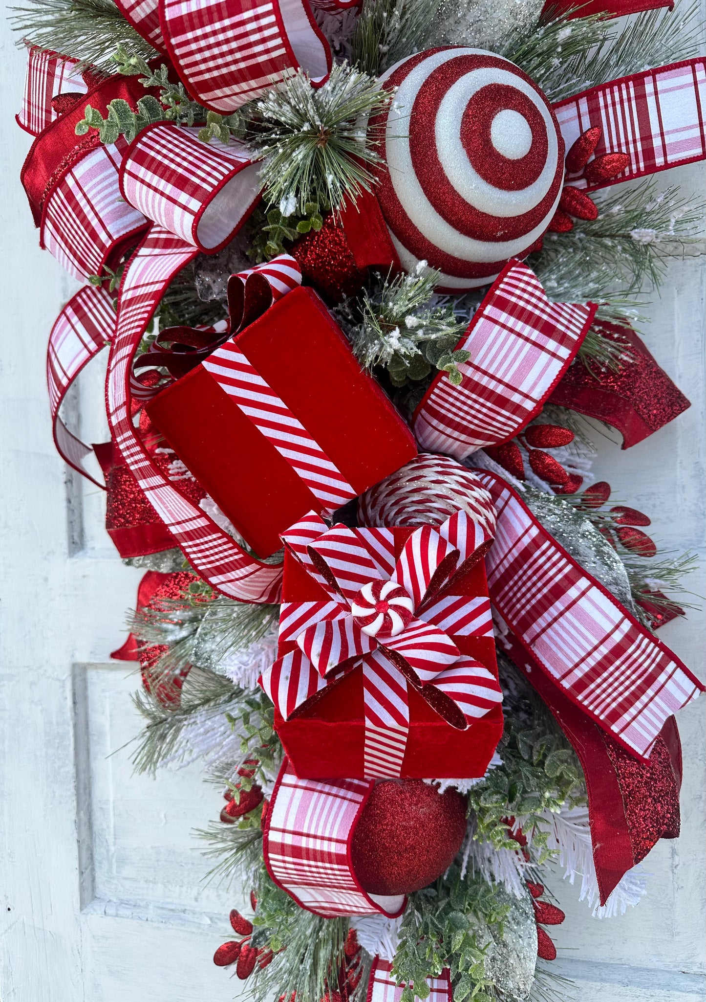 XL Artificial Pine Red & White Christmas Door Swag with Red Julian Plaid Ribbon - 50x20" Festive Door Decor - Designer Holiday Swag TCT Crafts