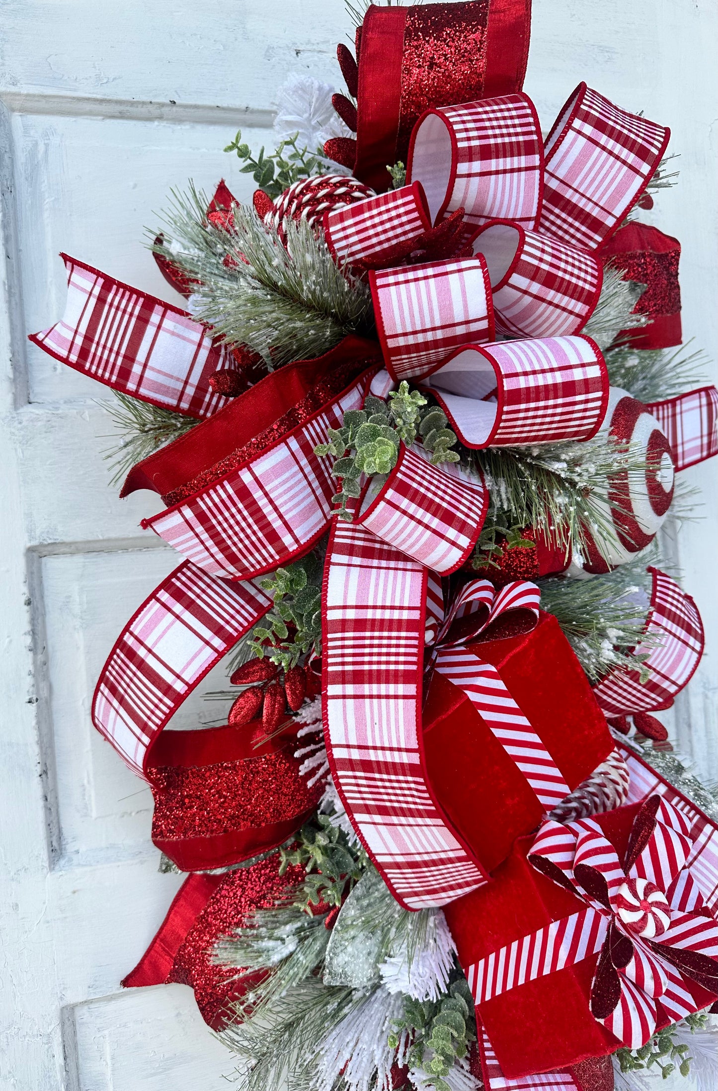 XL Artificial Pine Red & White Christmas Door Swag with Red Julian Plaid Ribbon - 50x20" Festive Door Decor - Designer Holiday Swag TCT Crafts