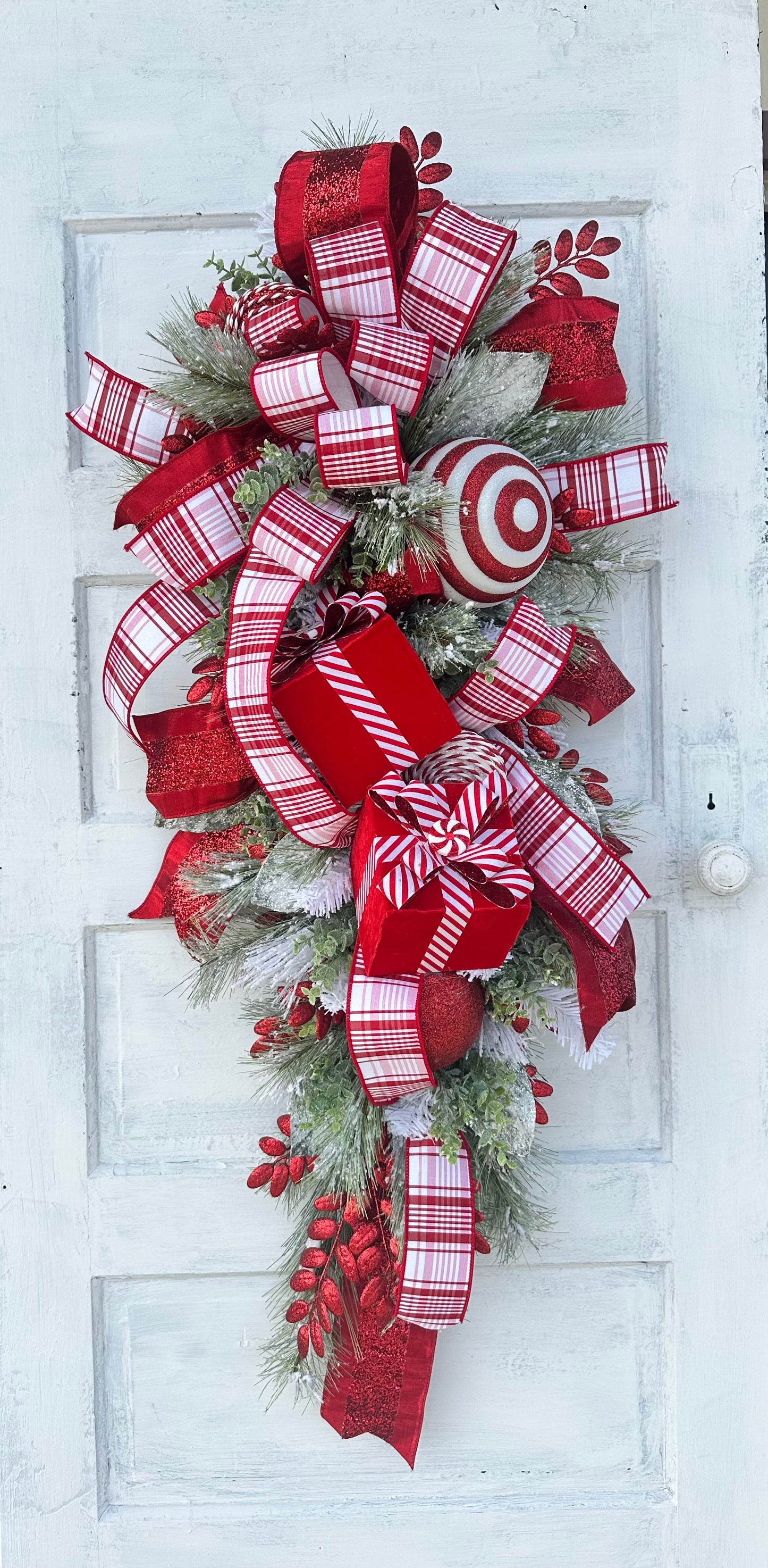 XL Artificial Pine Red & White Christmas Door Swag with Red Julian Plaid Ribbon - 50x20" Festive Door Decor - Designer Holiday Swag TCT Crafts