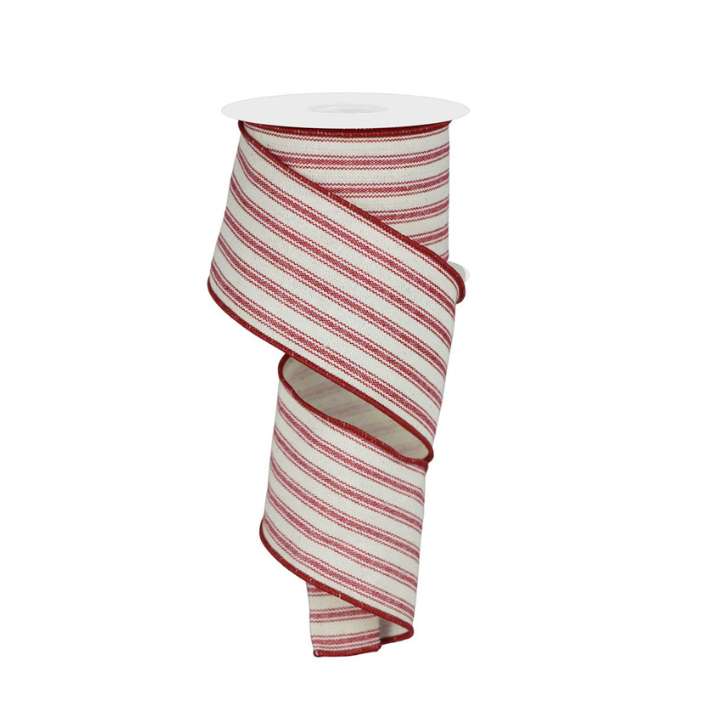 2.5"x10yd Ivory & Dark Red Ticking Stripe Cotton Wired Ribbon - Farmhouse Crafts and Rustic Decor (RGE155291)