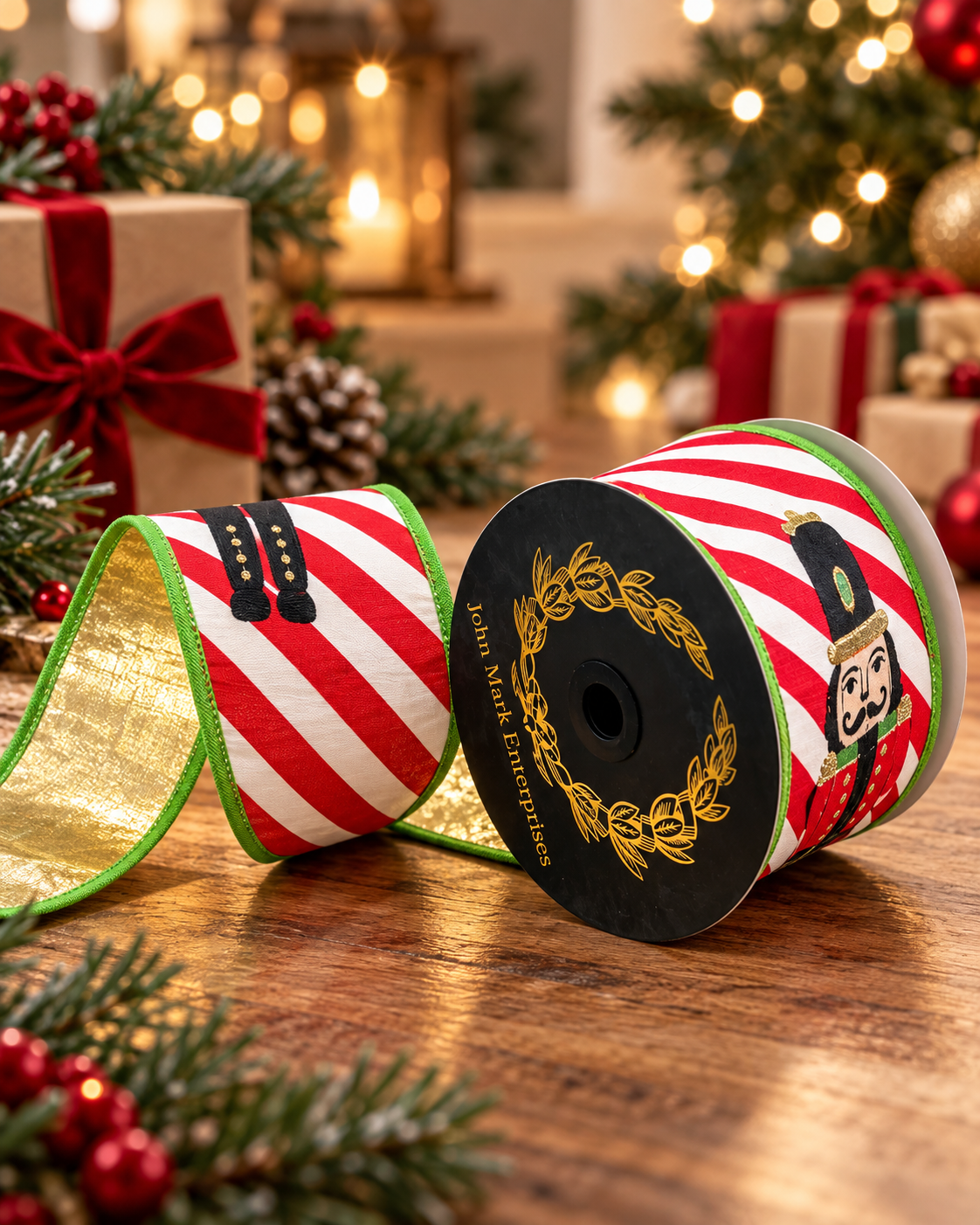 John Mark Nutcracker Print Metallic Ribbon | Red White Stripe Wired Ribbon | 4" x 10yd-JME-WN25-078-MULTI-4 John Mark Enterprises