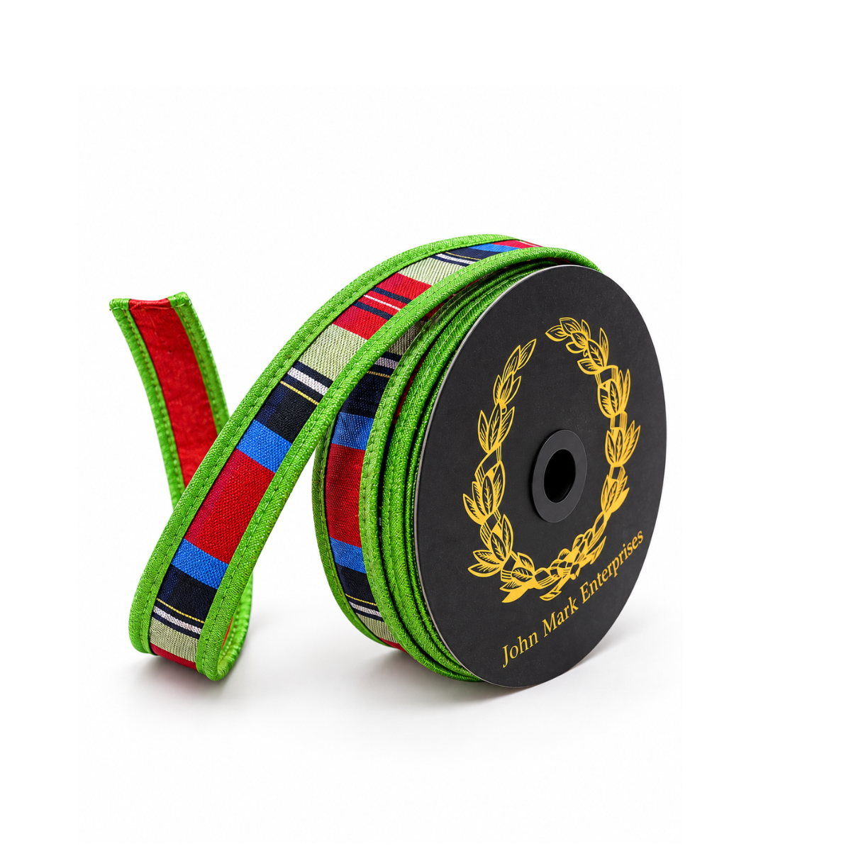 John Mark Nutcracker Striped Metallic Ribbon | Red Green Blue Wired Ribbon | 1" x 10yd-JME-WN25-067-RED-1 John Mark Enterprises