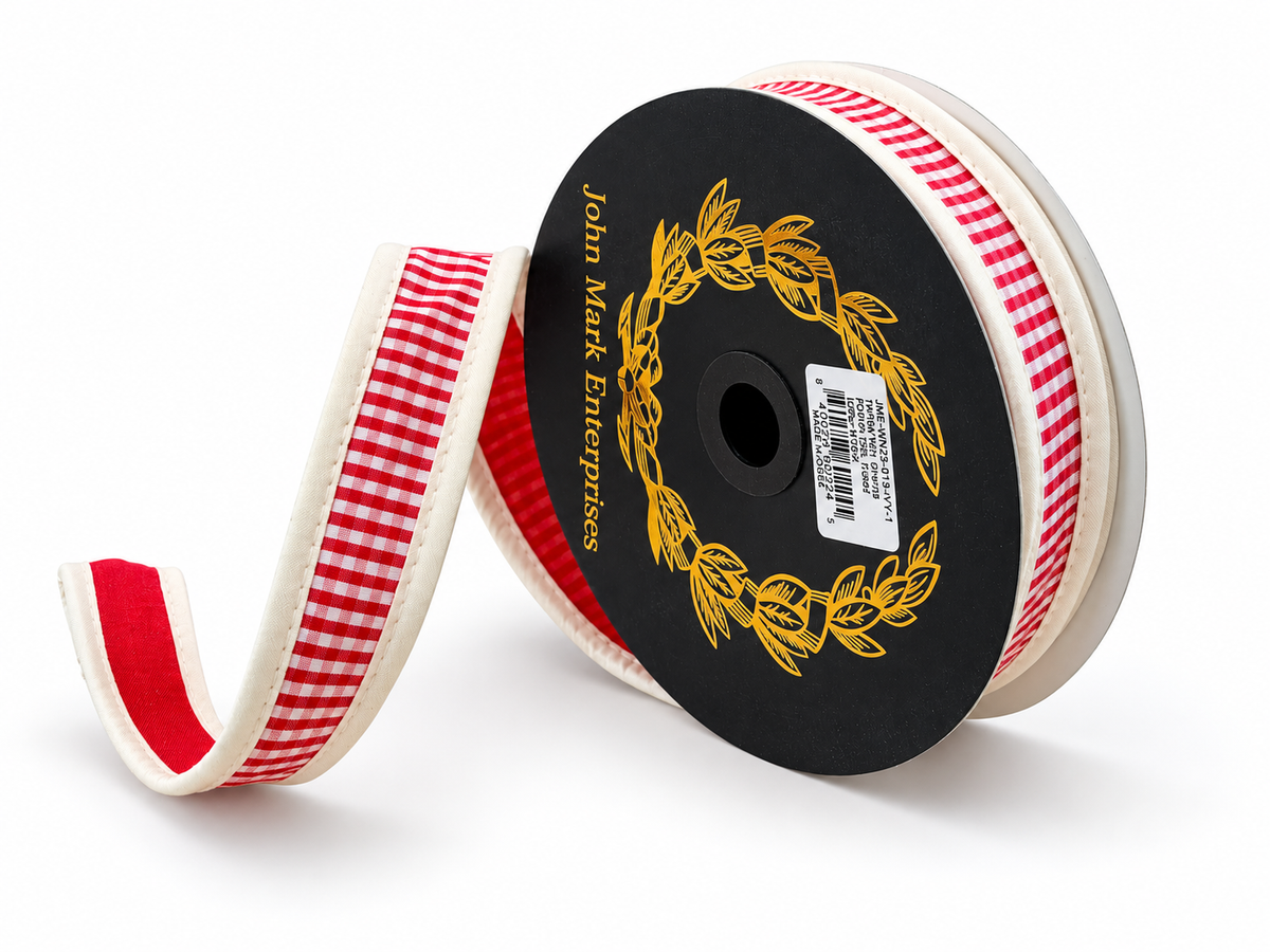 Red White Gingham Check Wired Ribbon | Ivory Trim Taffeta Ribbon | 1" x 10yd-JME-WN25-013-IVY-1 John Mark Enterprises