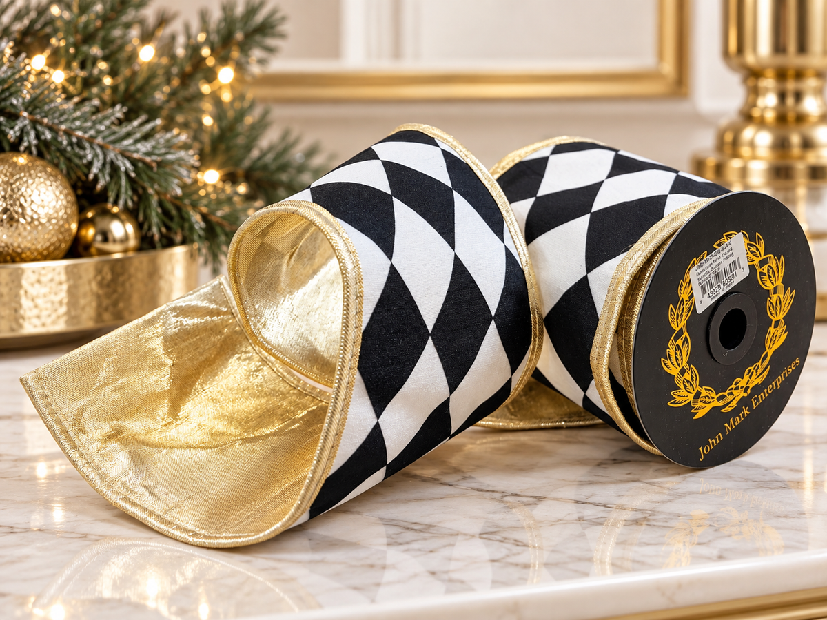 John Mark Black White Harlequin Ribbon | Gold Metallic Backing Wired Ribbon | 4" x 5yd-JME-WN25-030-BLK-4 John Mark Enterprises