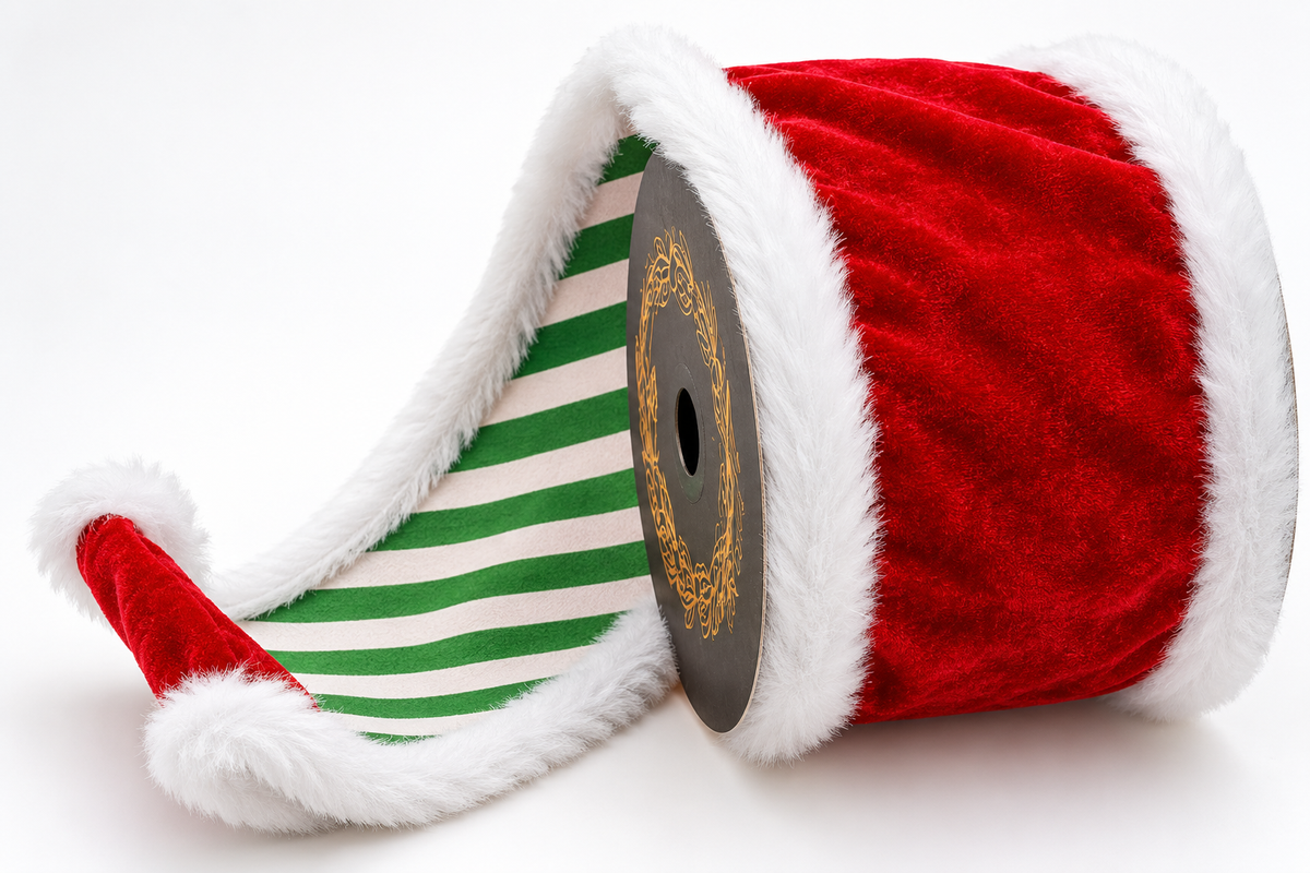 Red Velvet Fur Trim Ribbon | Santa Stripe Christmas Ribbon | 4" x 5yd-JME-WN025-091-RED-4 John Mark Enterprises