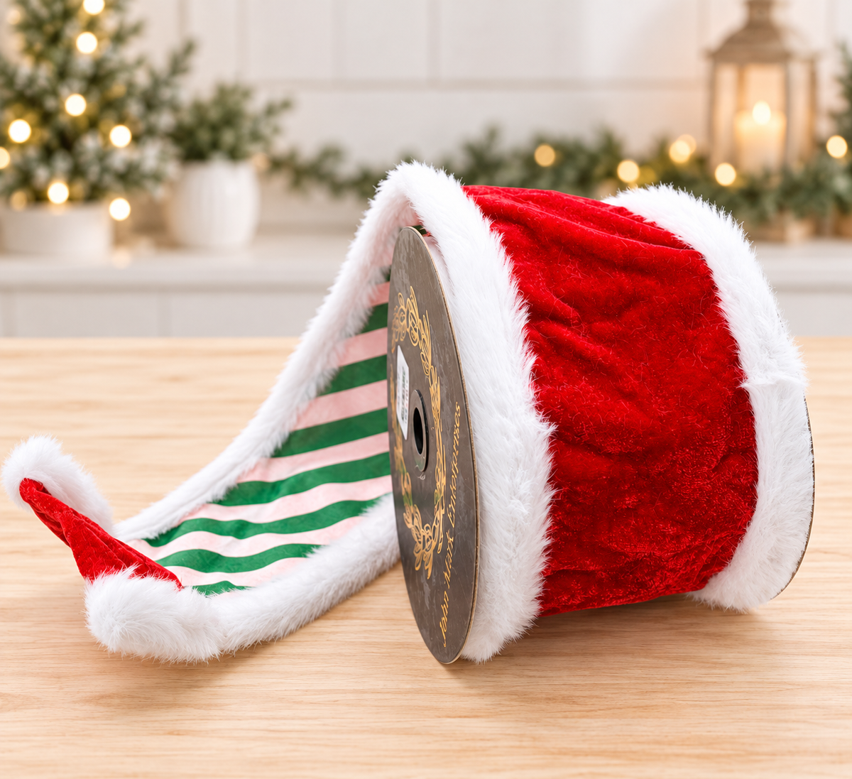 Red Velvet Fur Trim Ribbon | Santa Stripe Christmas Ribbon | 4" x 5yd-JME-WN025-091-RED-4 John Mark Enterprises