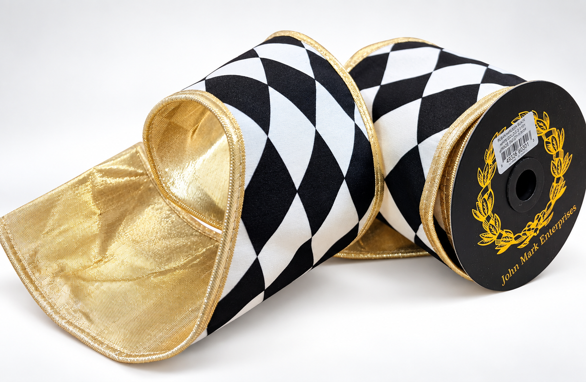 John Mark Black White Harlequin Ribbon | Gold Metallic Backing Wired Ribbon | 4" x 5yd-JME-WN25-030-BLK-4 John Mark Enterprises