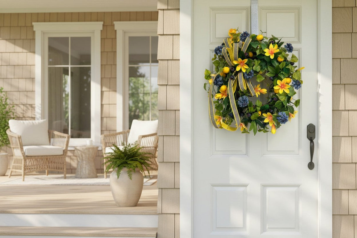 Summer Lemon Blueberry Wreath Yellow Magnolia Front Door Decor TCT Crafts