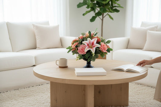 Pink Lily Rose Arrangement Faux Flowers 14 Inch Centerpiece TCT Crafts