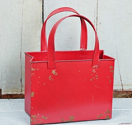 Distressed Red Metal Tote Bag – Rustic Farmhouse Container for Floral Arrangements & Holiday Decor-M10826 Impressive Enterprises, Inc.