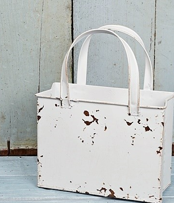Distressed White Metal Tote Bag – Rustic Farmhouse Container for Floral Arrangements & Holiday Decor-M10827 Impressive Enterprises, Inc.