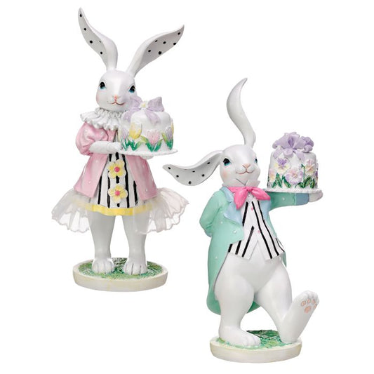 Set of 9" Resin Bunnies with Mini Cake - Boy and Girl - White & Pastel Easter Decor - Spring table decorations (MT25740)