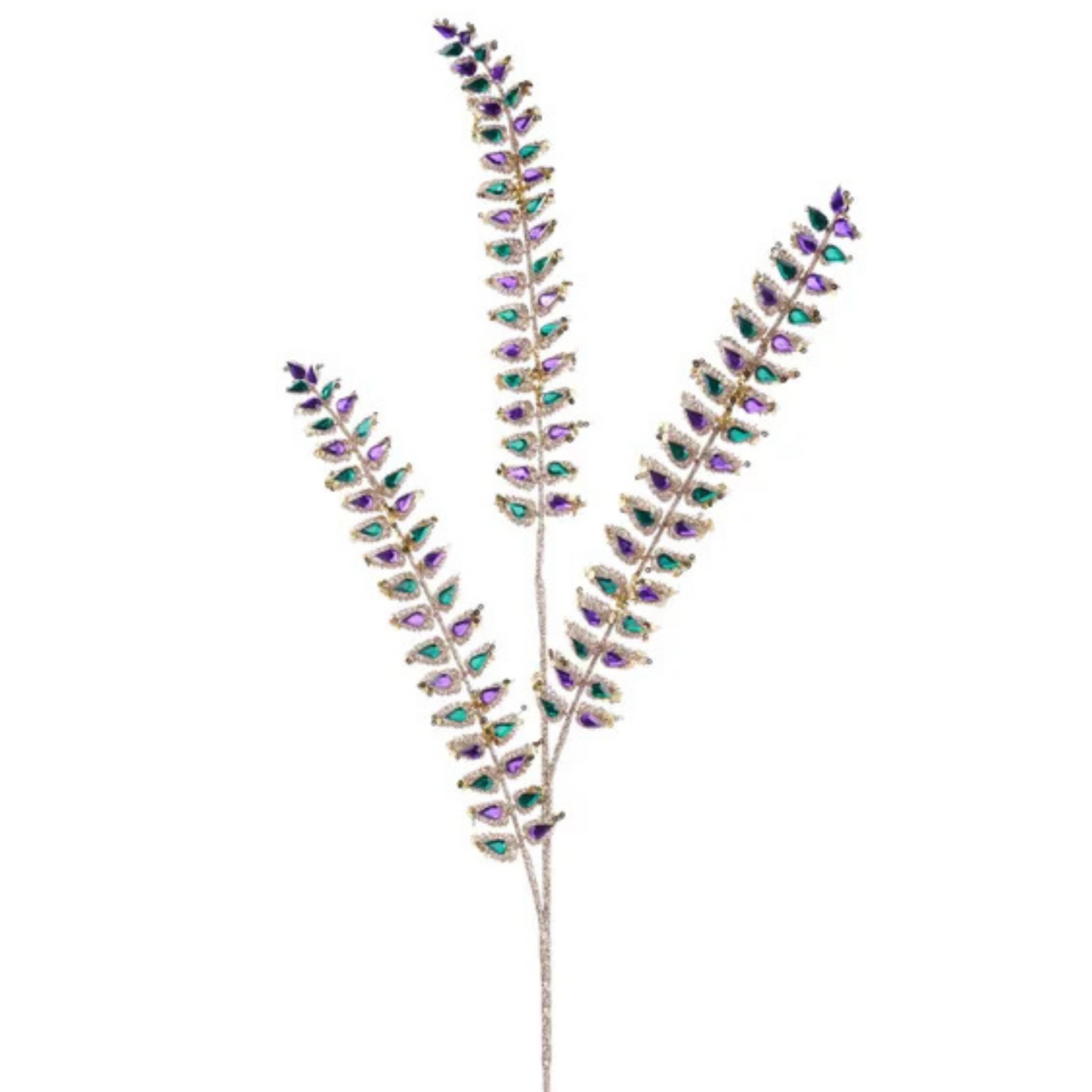 Mardi Gras Glitter Fern Spray – 34.5" Purple Green Gold Jewel Stem-HG3341 Craig Bachman