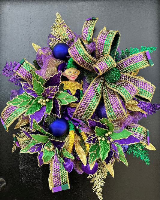 Colorful Mardi Gras Jester Wreath - Festive 32x28 Holiday Door Decor with Poinsettia Flowers, Jester Character Wreath, and Glitter Accents TCTCrafts